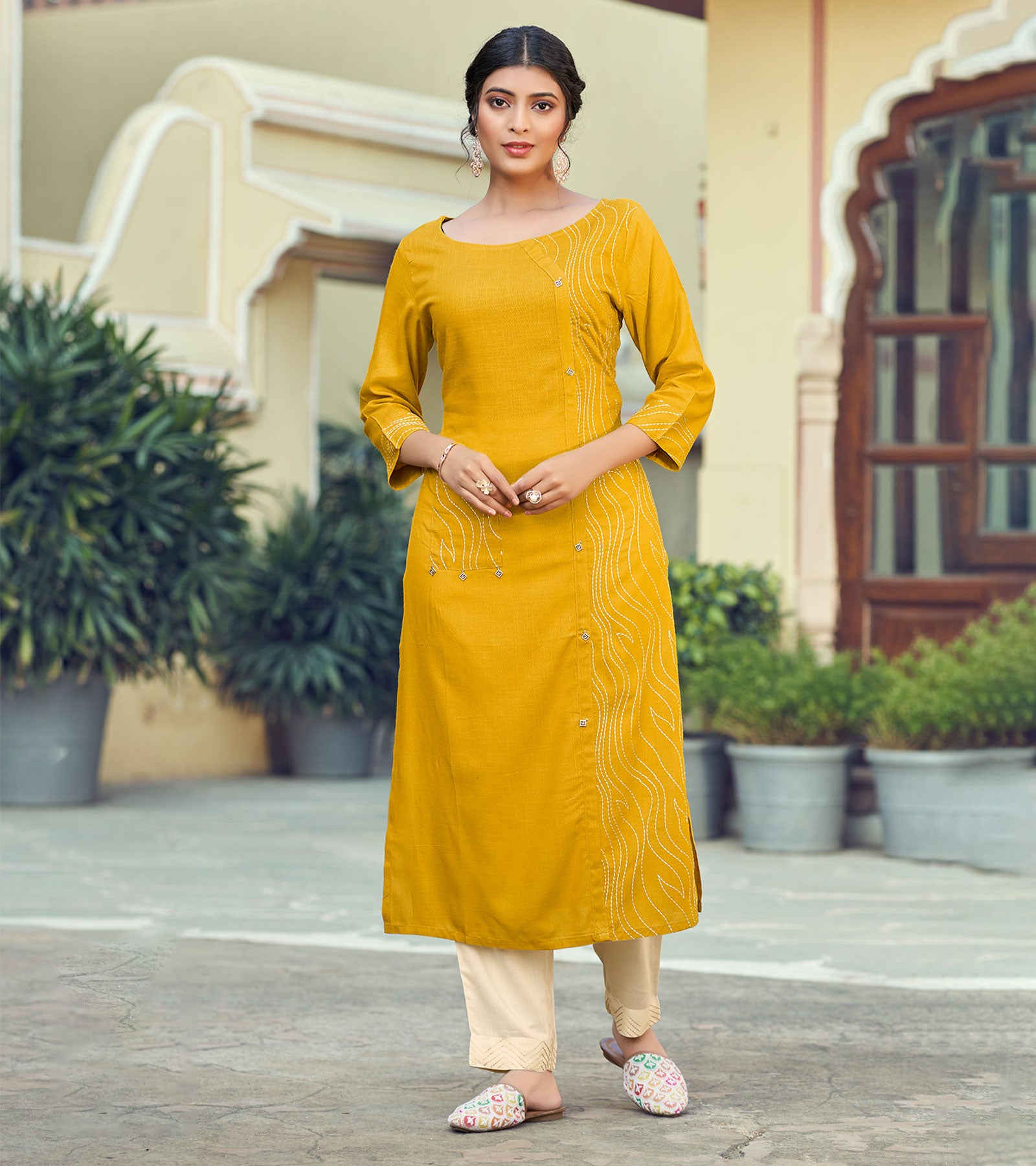 Laxmipati Rayon Slub Turmeric Yellow Straight Cut Kurti With Mask