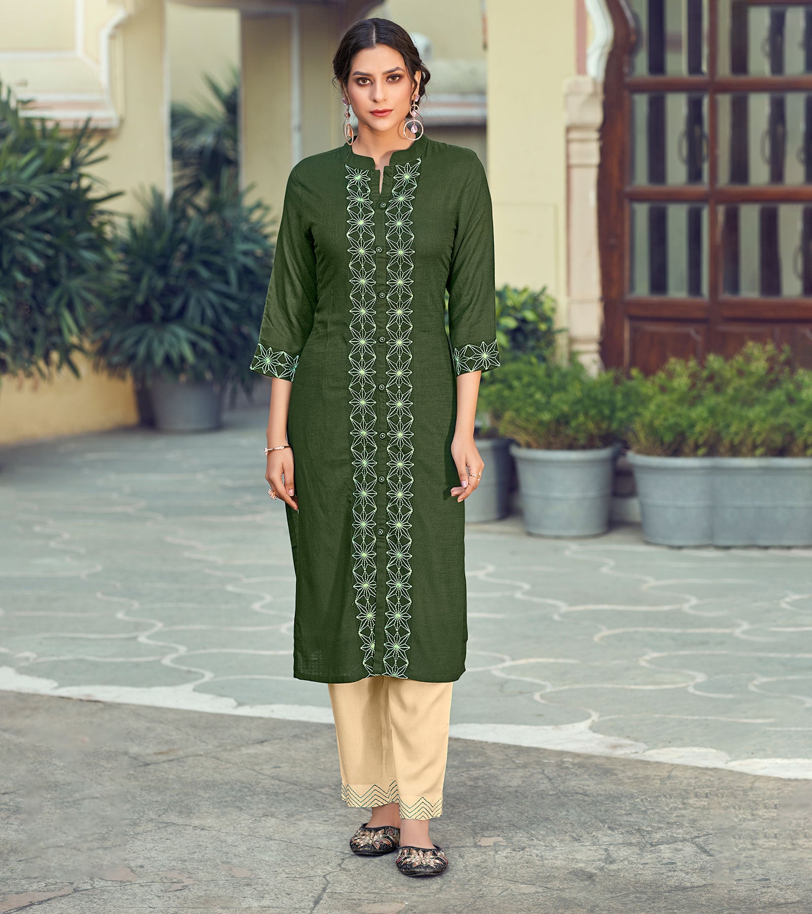 Laxmipati Rayon Slub Henna Green Straight Cut Kurti With Mask