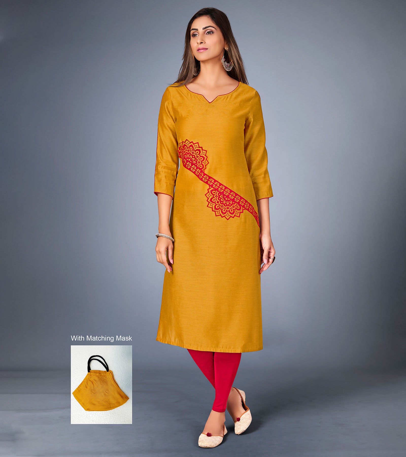 Laxmipati Sunny Satin Musturd Straight Cut Kurti With Mask