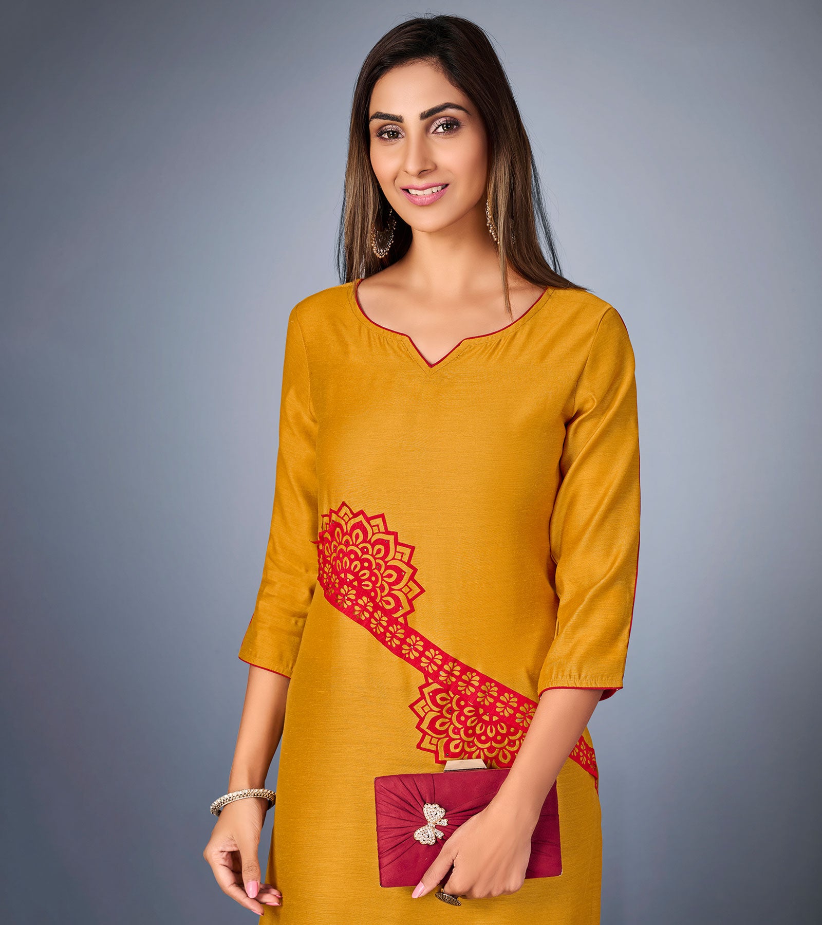 Laxmipati Sunny Satin Musturd Straight Cut Kurti With Mask