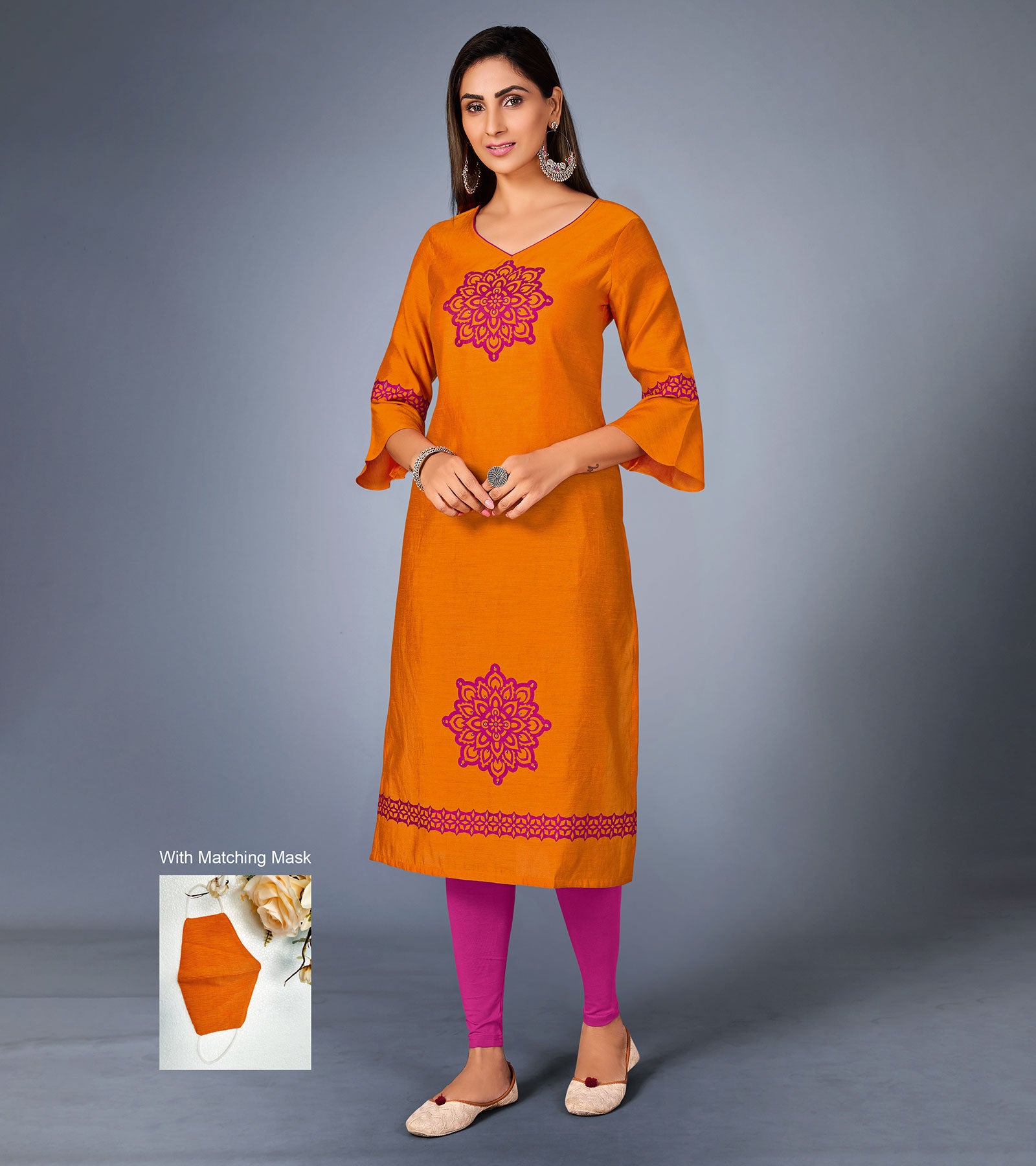 Laxmipati Sunny Satin Flag Orange Straight Cut Kurti With Mask