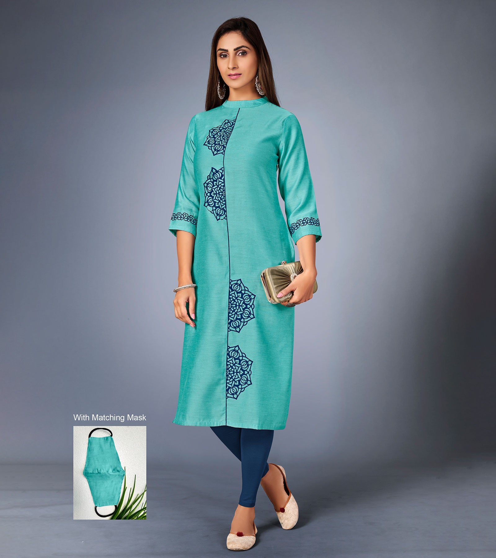 Laxmipati Sunny Satin Sky Blue Straight Cut Kurti With Mask