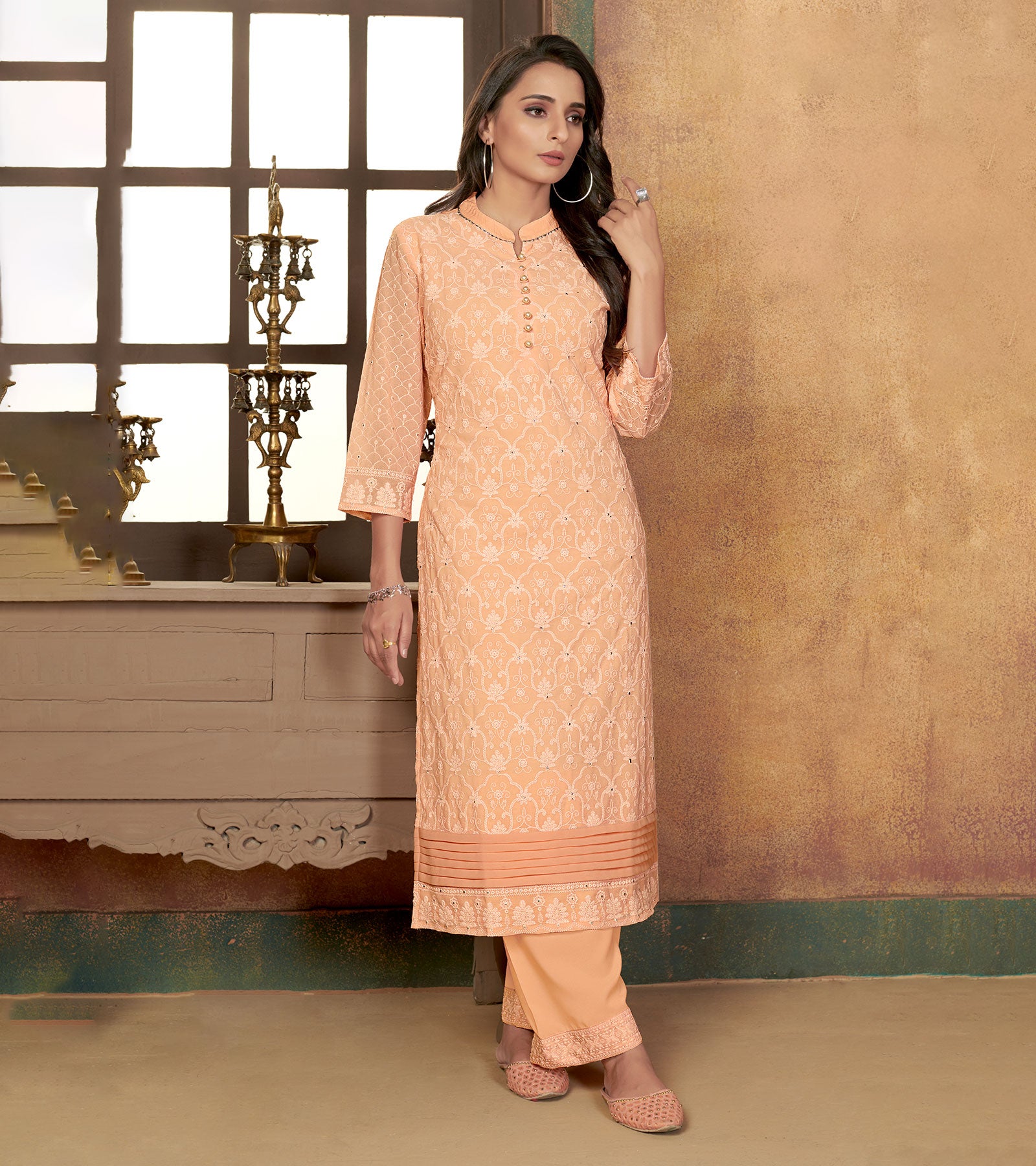 Laxmipati Cantaloupe Peach Straight Cut Kurti With Embroidery Lace Palazzo