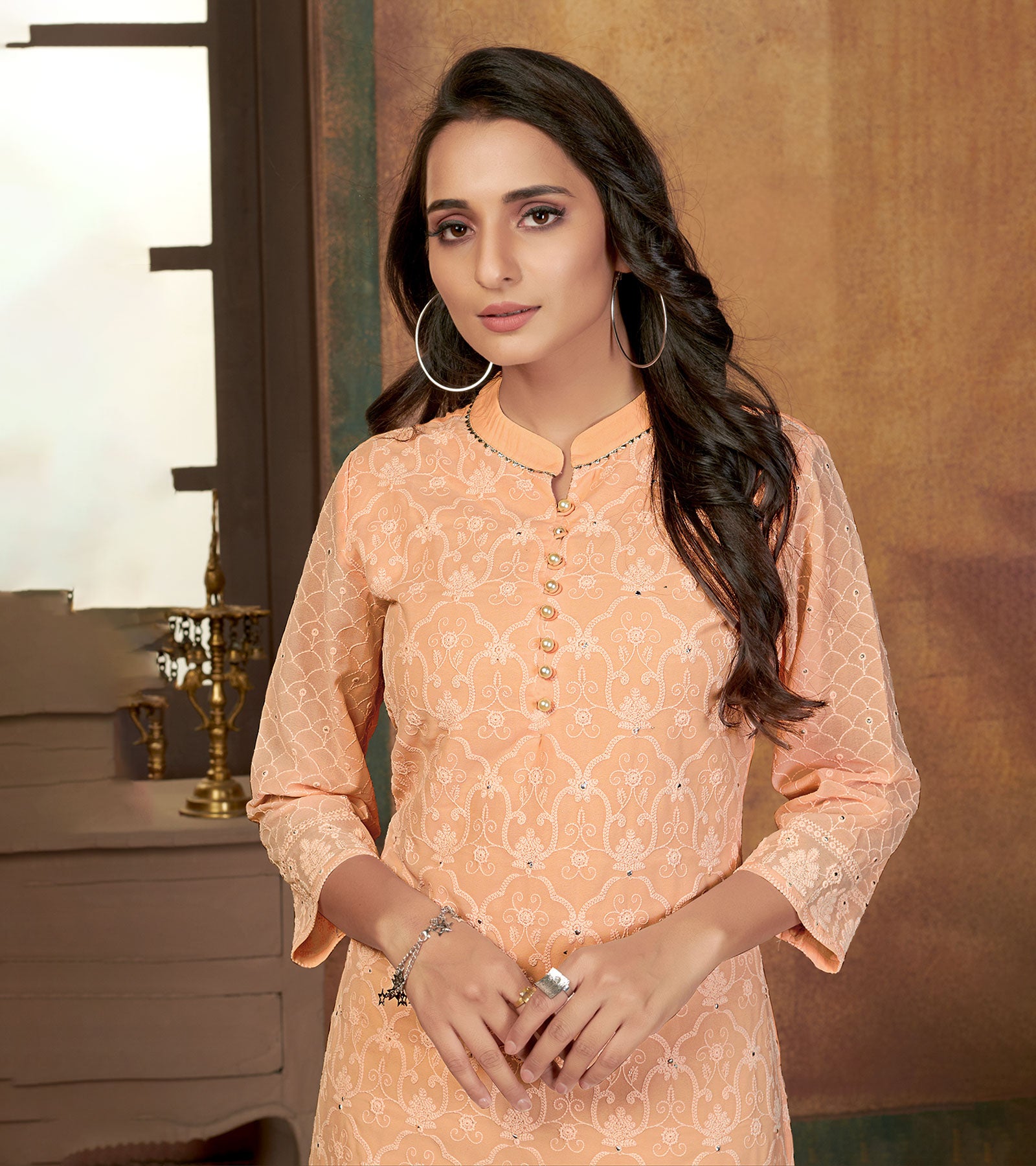 Laxmipati Cantaloupe Peach Straight Cut Kurti With Embroidery Lace Palazzo