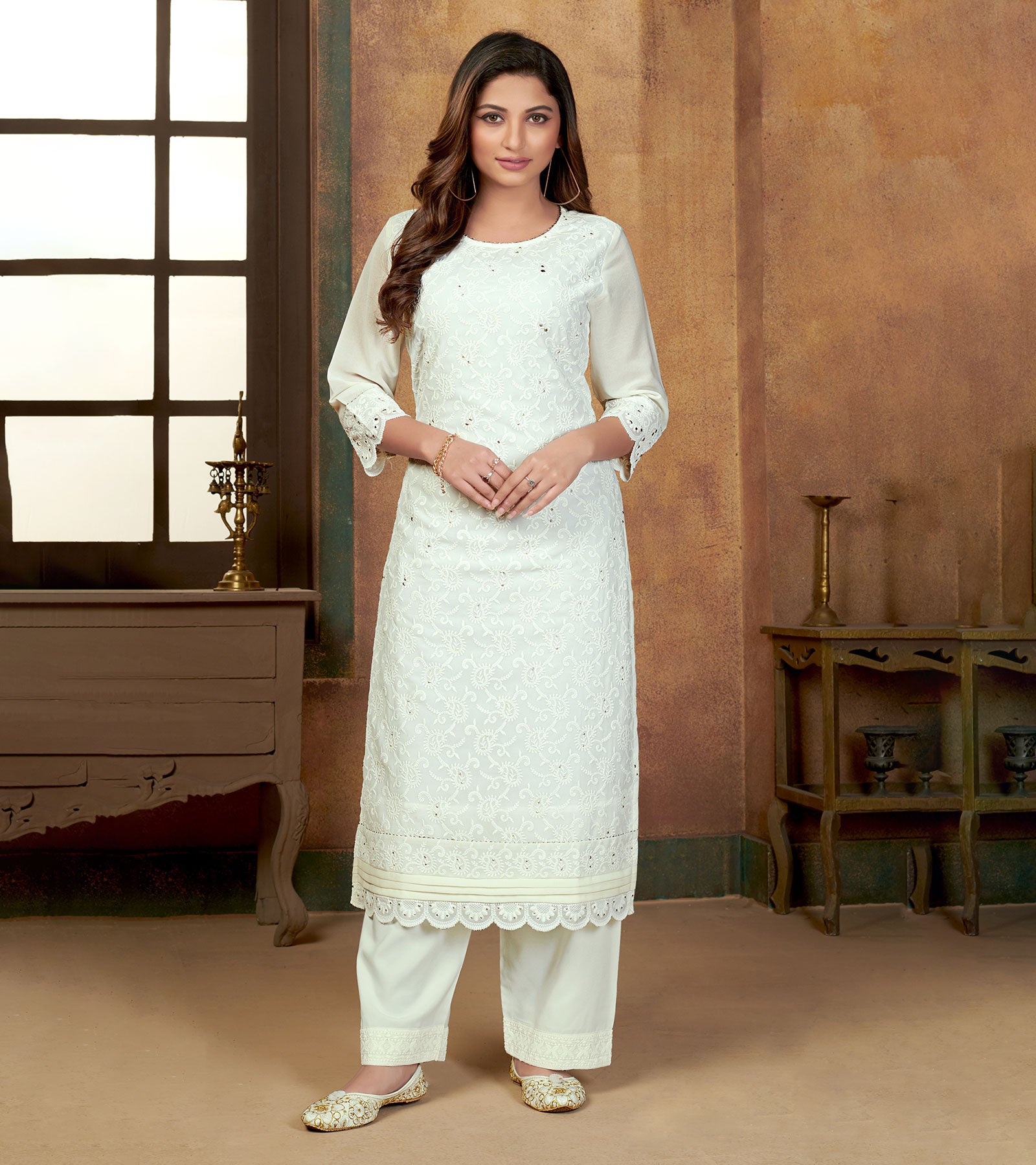 Laxmipati Vanilla White Straight Cut Kurti With Embroidery Lace Palazzo