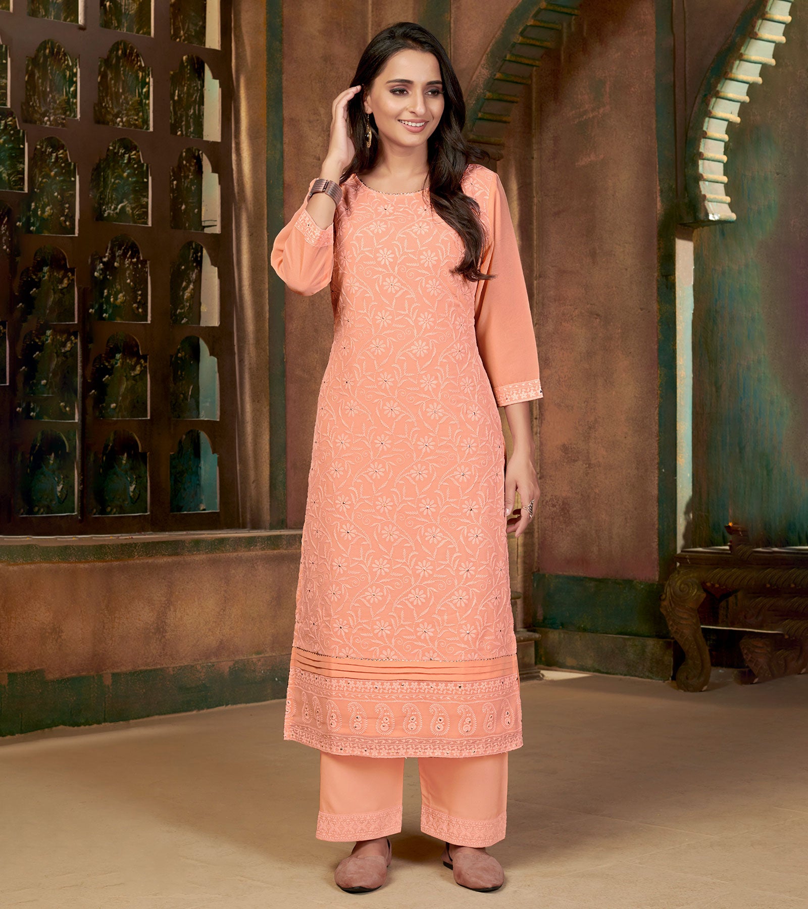 Laxmipati Salmon Peach Straight Cut Kurti With Embroidery Lace Palazzo