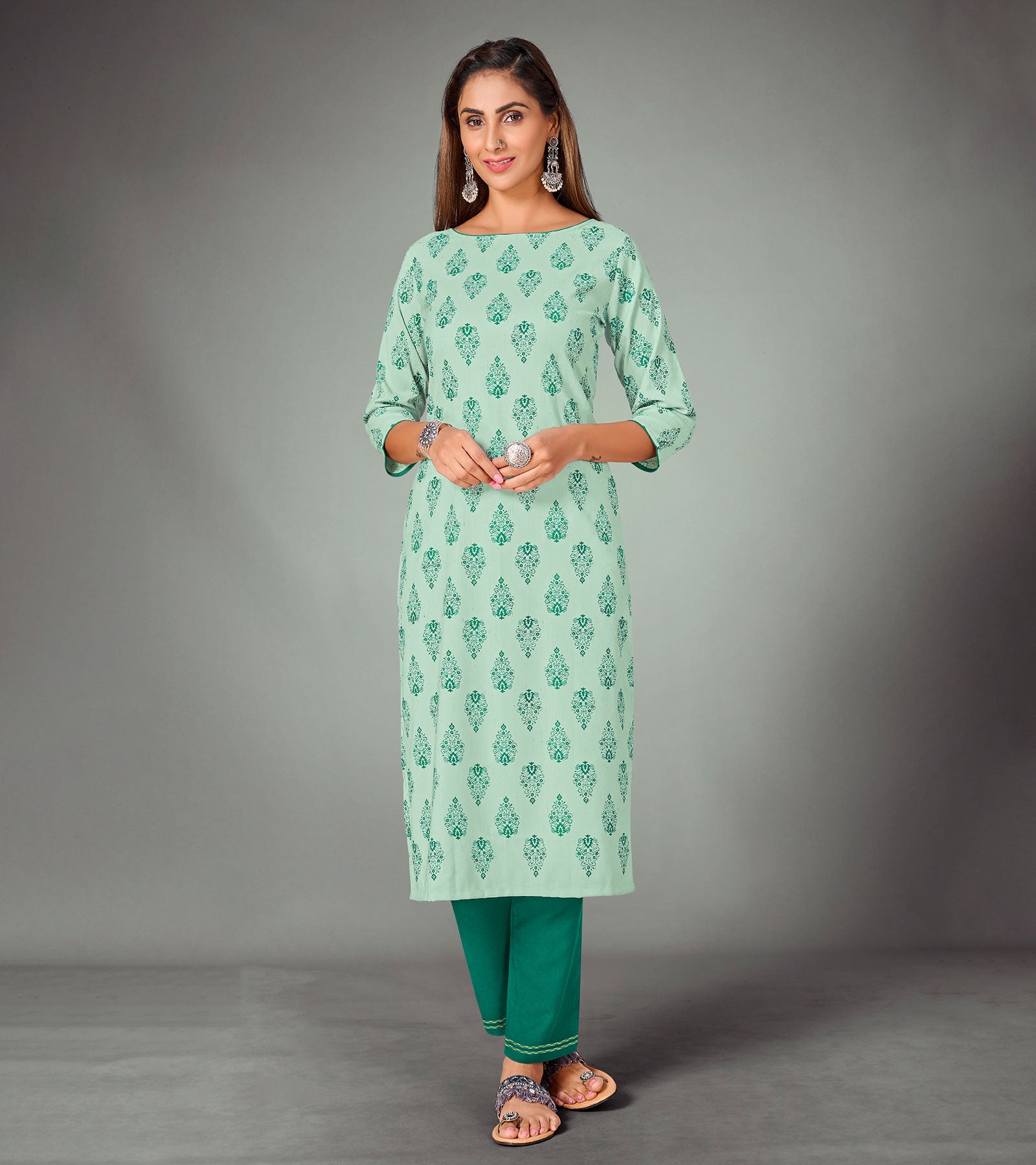 Laxmipati Mountain Mist Green Straight Cut Kurti With Narrow Slim Pant