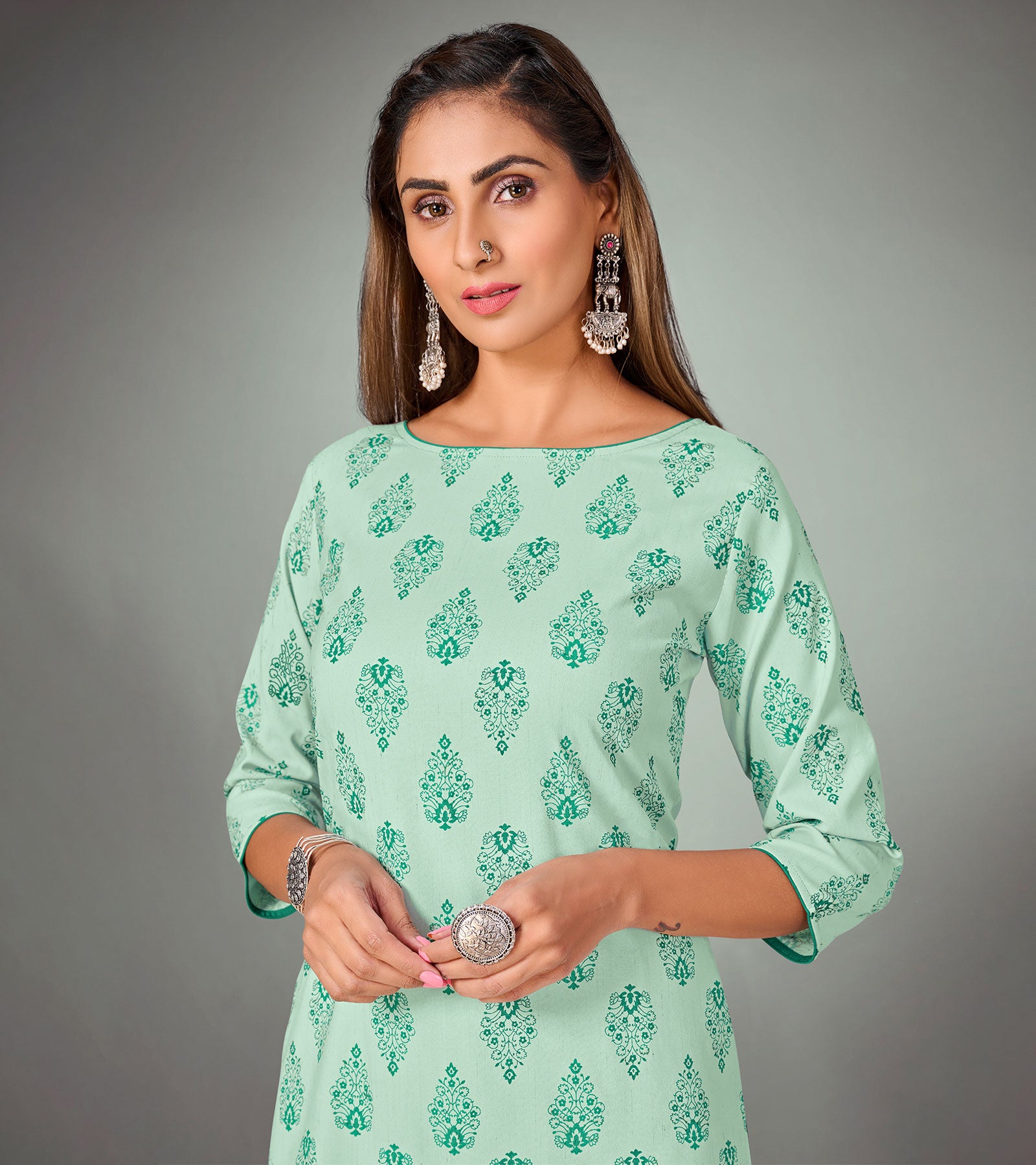 Laxmipati Mountain Mist Green Straight Cut Kurti With Narrow Slim Pant