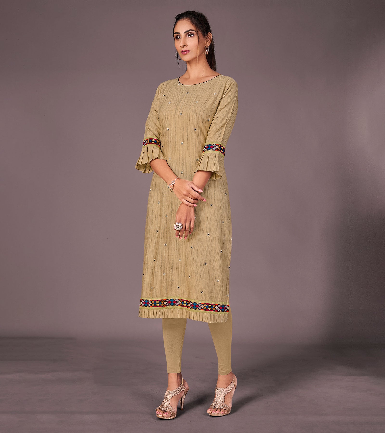 Laxmipati Cotton Viscose Camel Colour Straight Cut Kurti With Mask