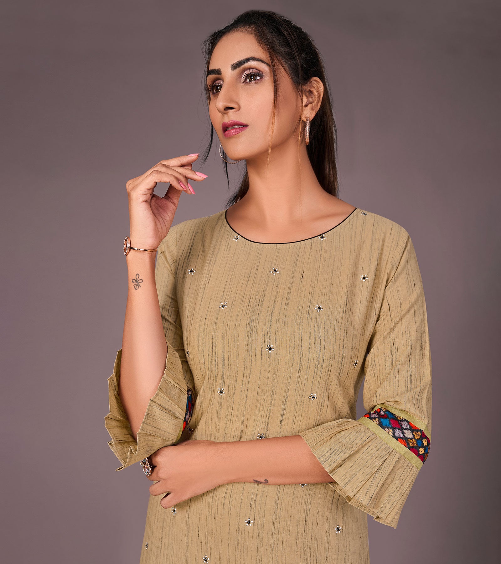 Laxmipati Cotton Viscose Camel Colour Straight Cut Kurti With Mask