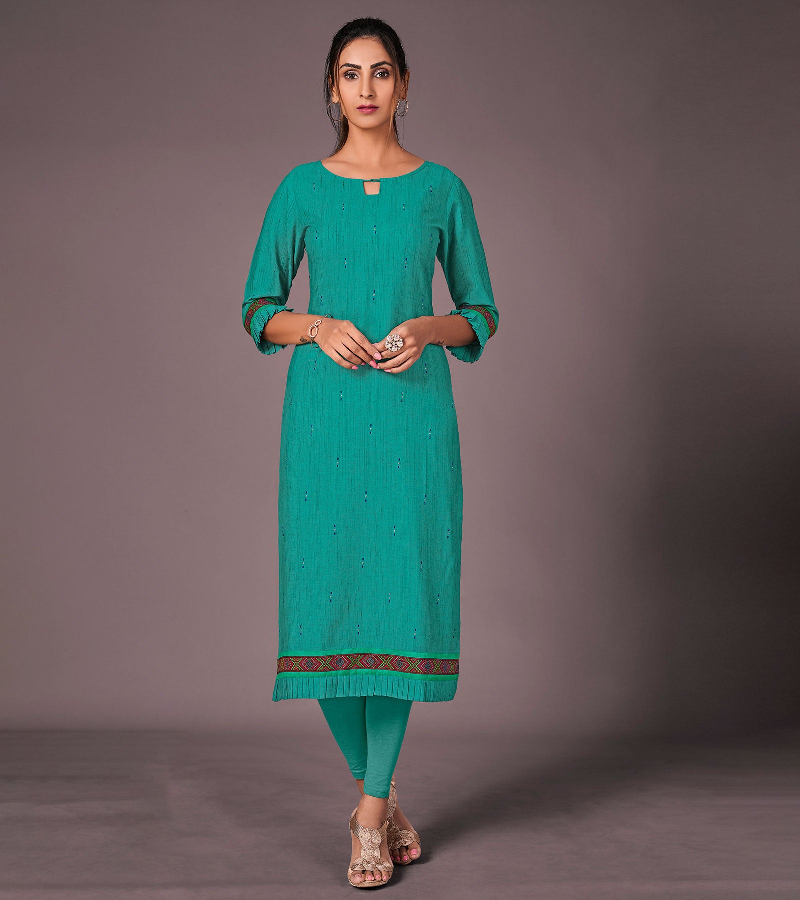 Laxmipati Cotton Viscose Pine Green Straight Cut Kurti With Mask
