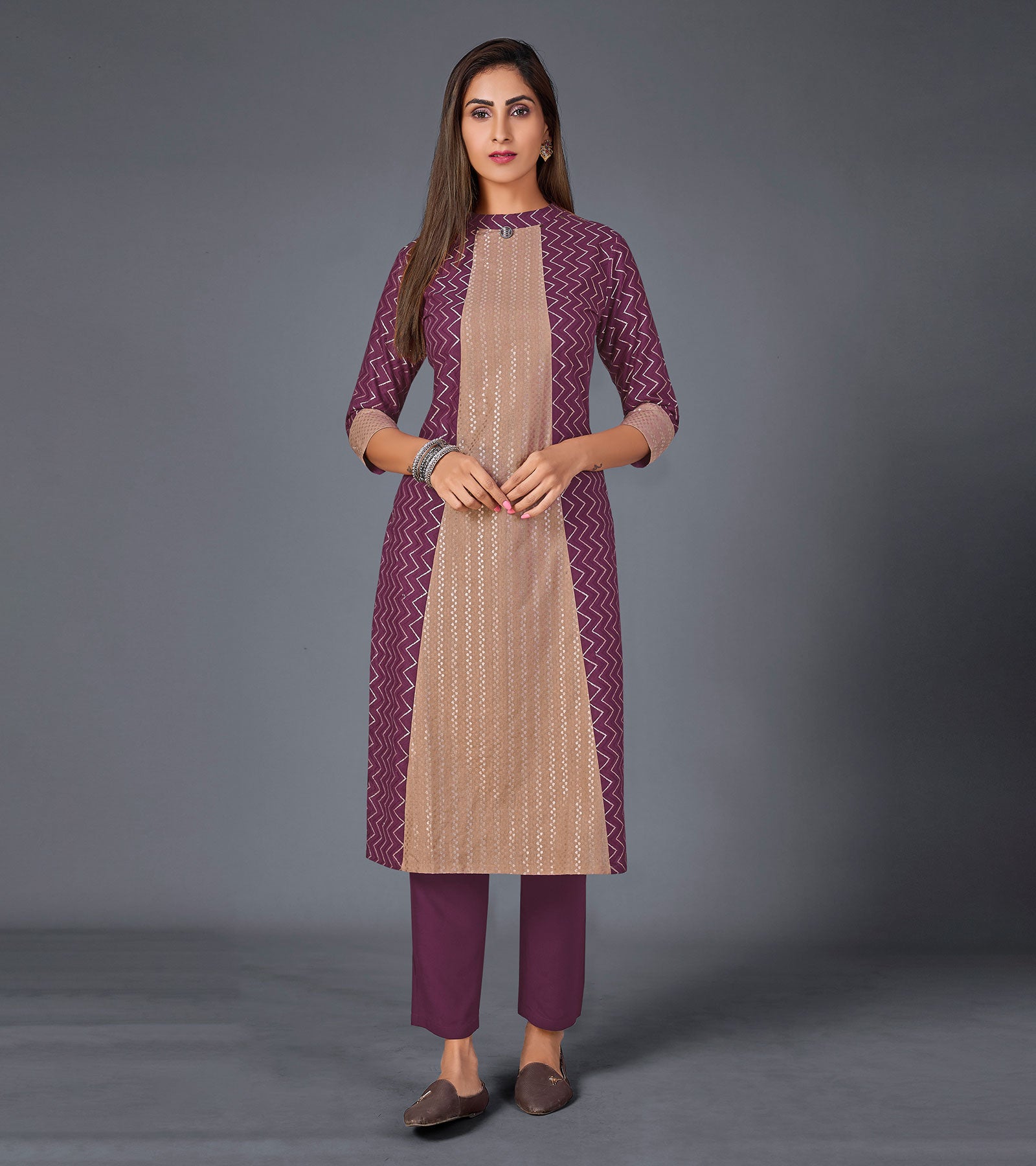 Laxmipati Cotton Base Viny With Tan Brown Straight Cut Kurti With Mask