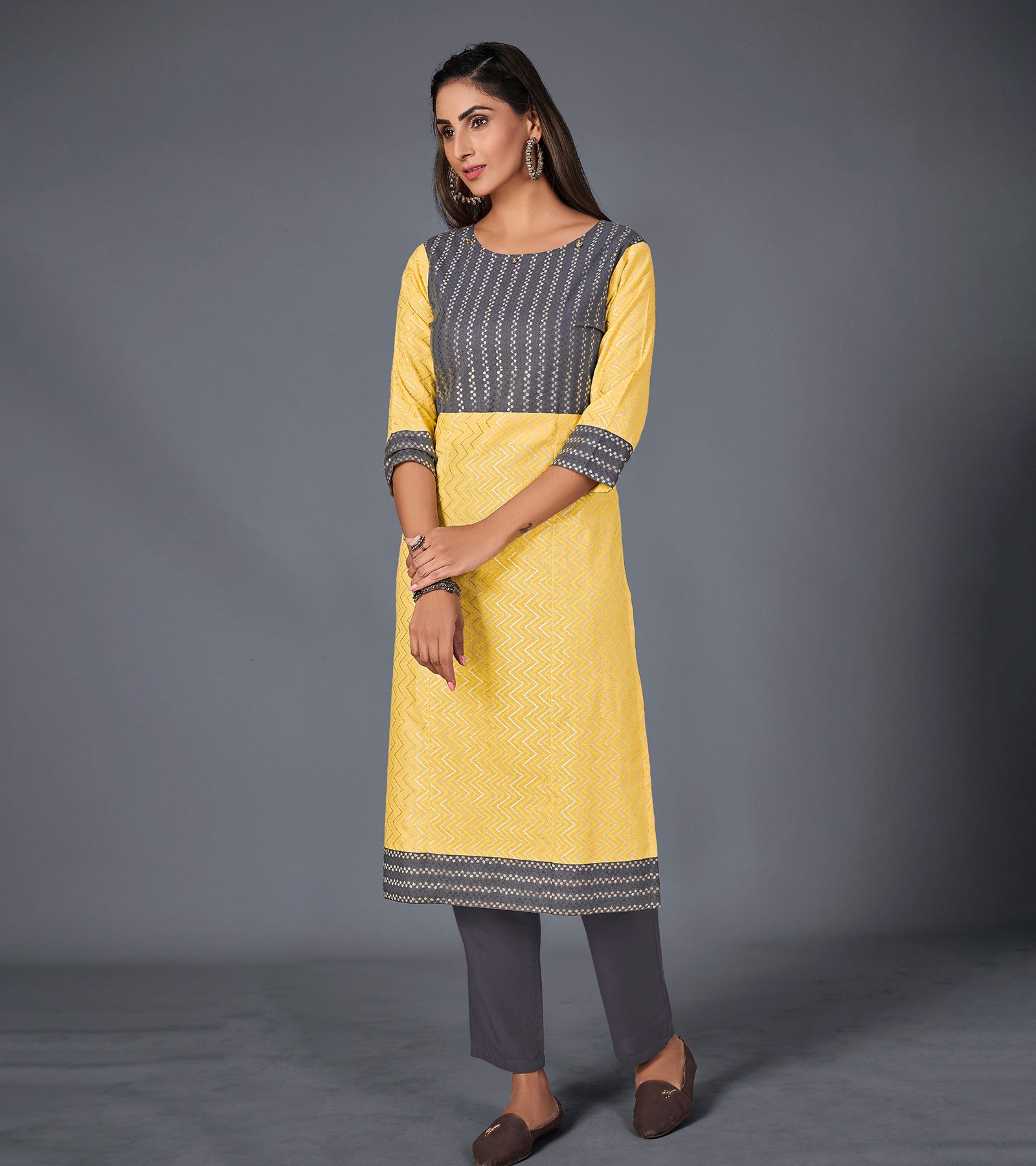 Laxmipati Cotton Base Lemon Yellow With Grey Straight Cut Kurti With Mask