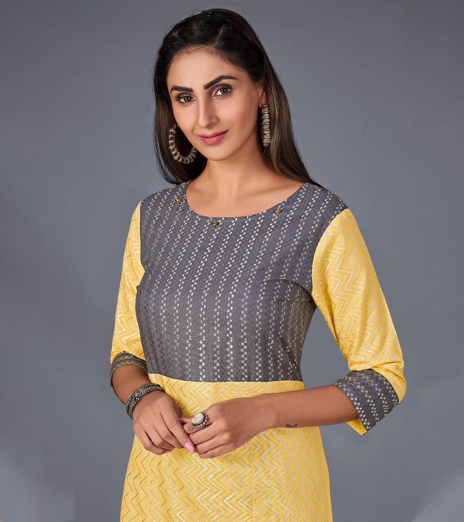 Laxmipati Cotton Base Lemon Yellow With Grey Straight Cut Kurti With Mask