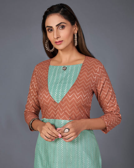 Laxmipati Cotton  Base Light Turquoise Green With Brown Straight Cut Kurti With Mask