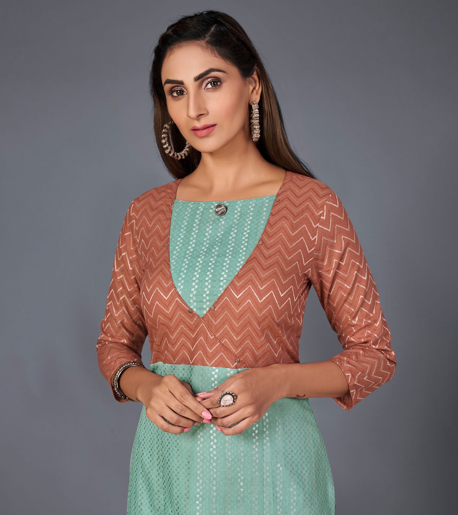 Laxmipati Cotton Base Light Turquoise Green With Brown Straight Cut Kurti With Mask