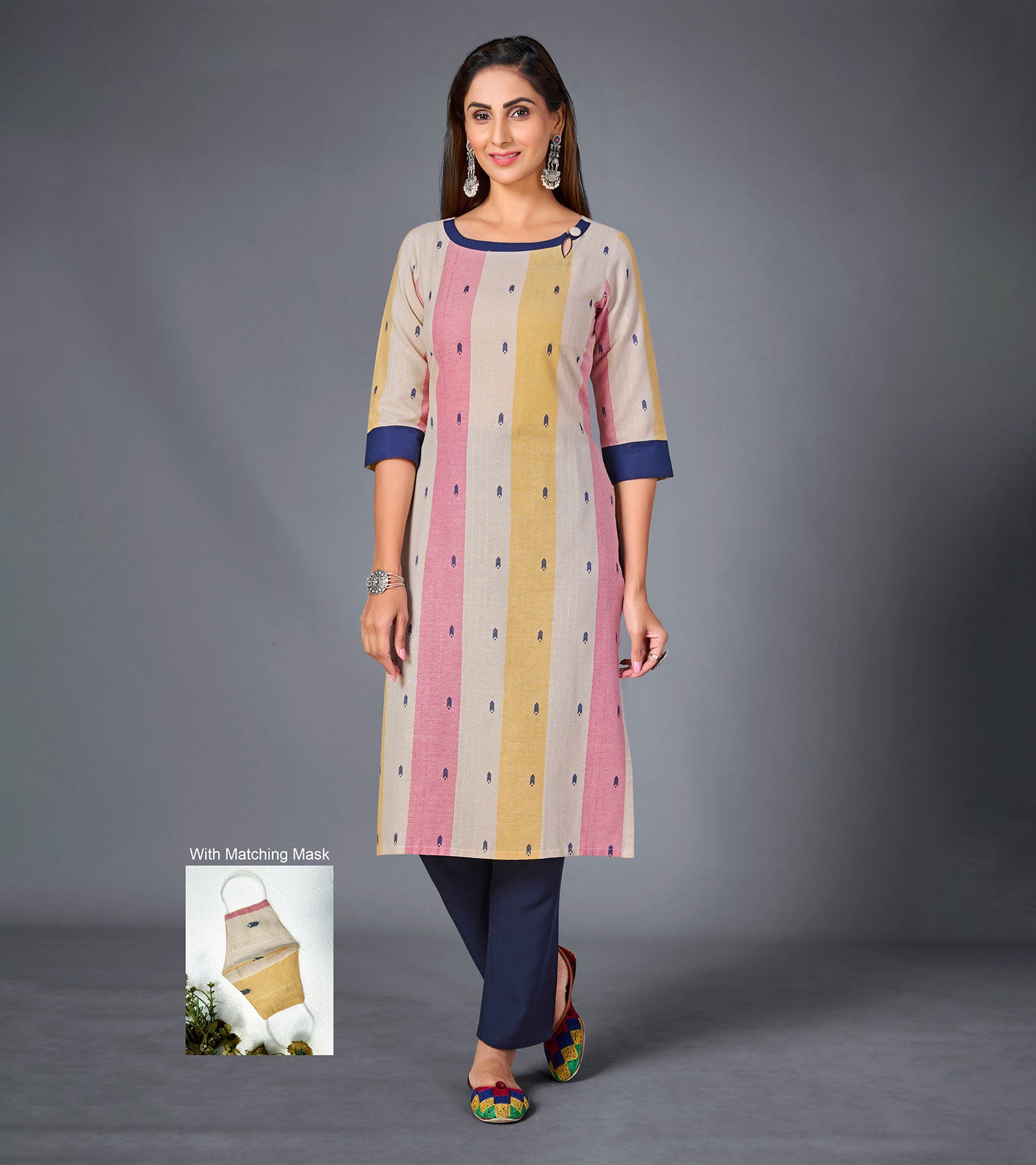 Laxmipati Pure Cotton Off White With Candy Colour Straight Cut Kurti With Mask