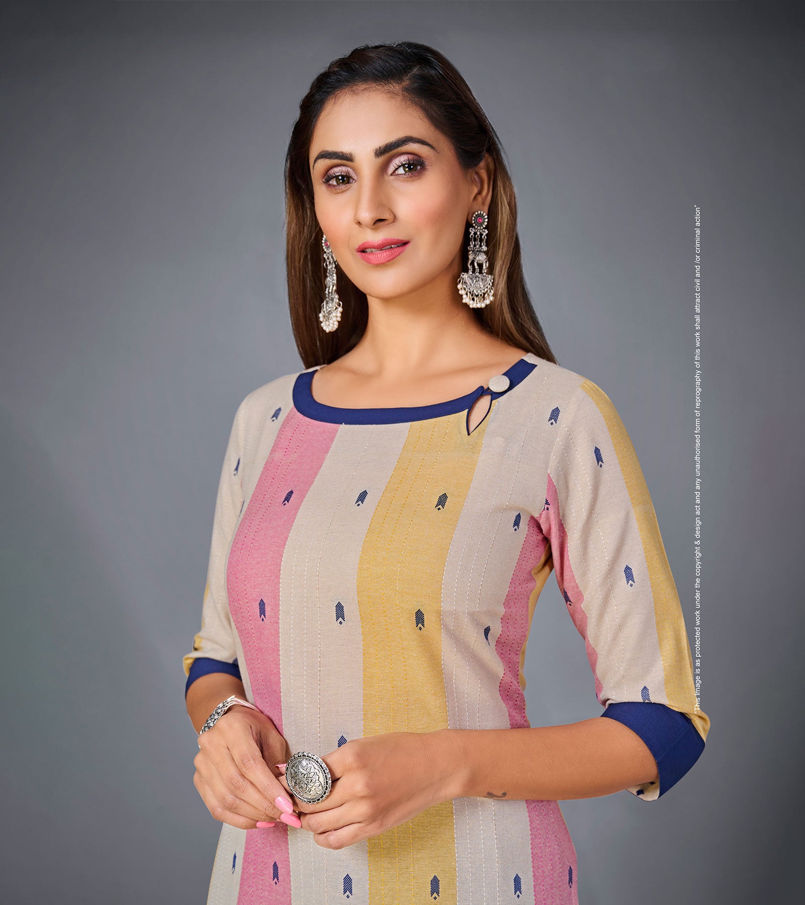 Laxmipati Pure Cotton Off White With Candy Colour Straight Cut Kurti With Mask