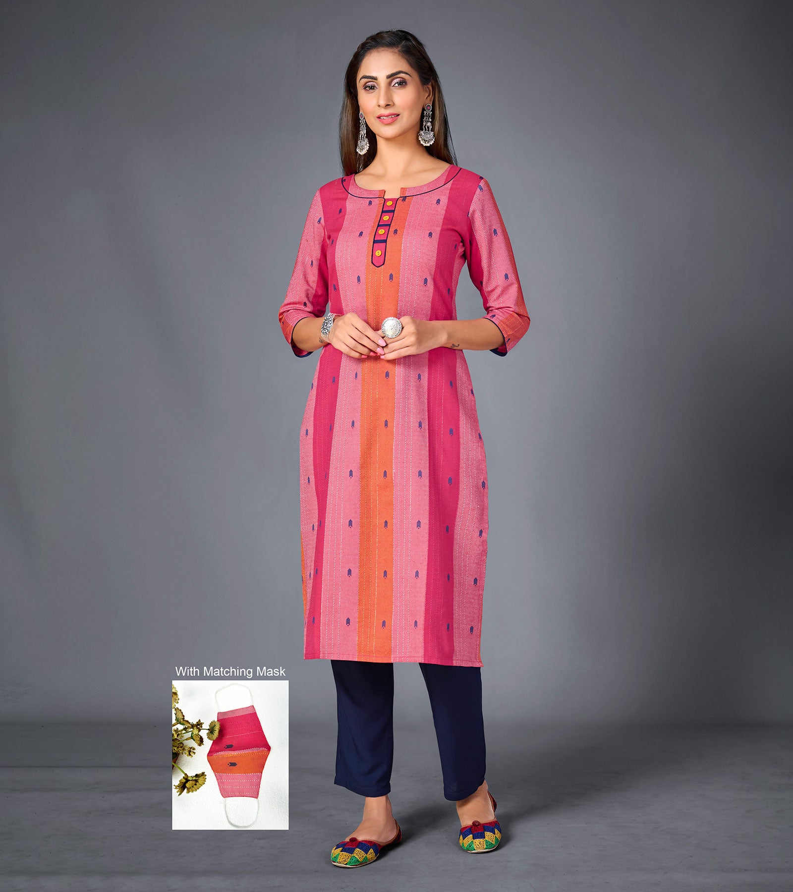 Laxmipati Pure Cotton Rose Pink Straight Cut Kurti With Mask