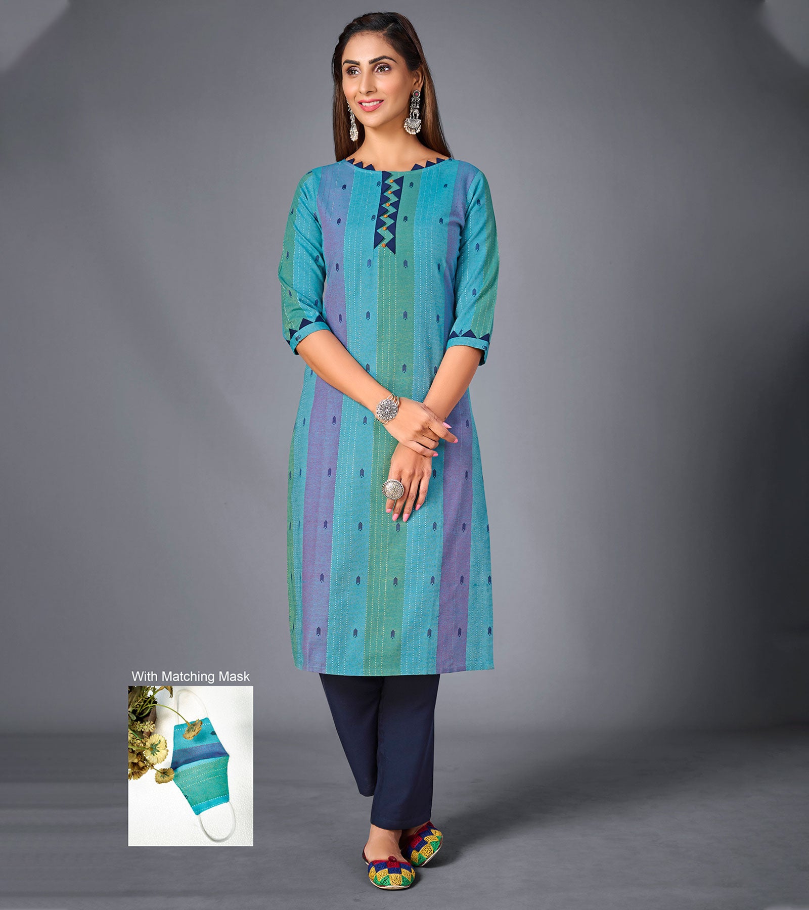 Laxmipati Pure Cotton Sky Blue Straight Cut Kurti With Mask