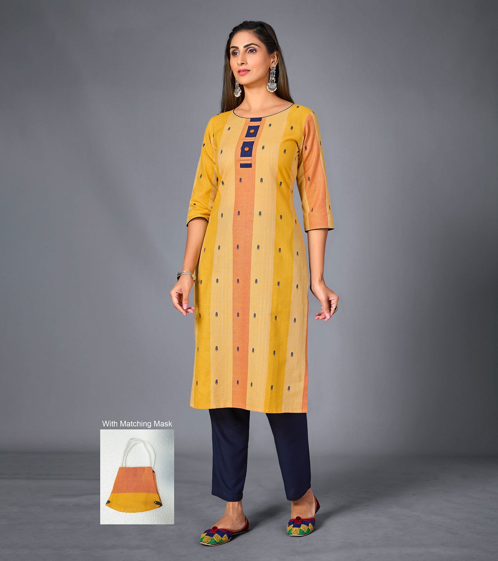 Laxmipati Pure Cotton Mango Yellow Straight Cut Kurti With Mask
