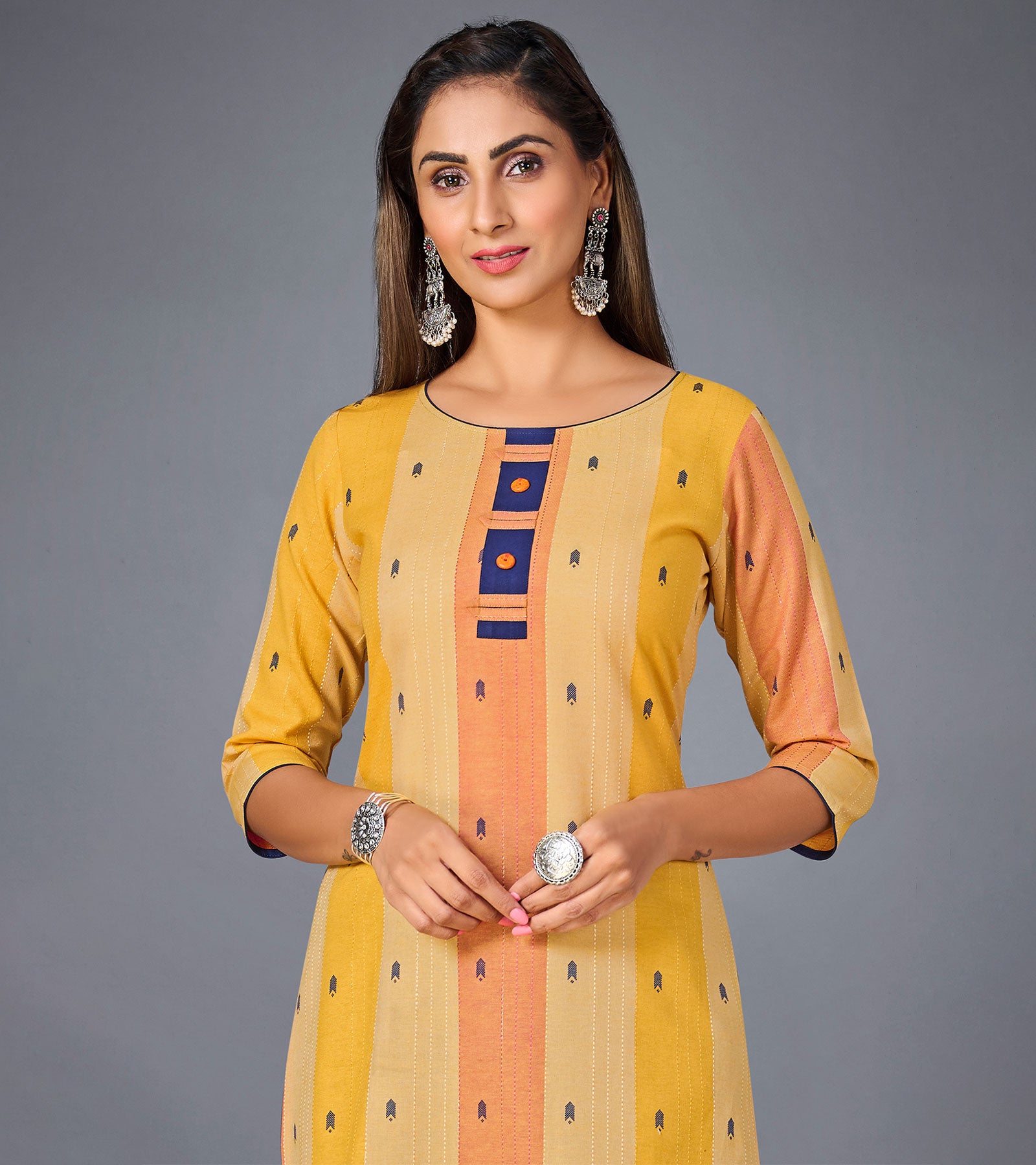 Laxmipati Pure Cotton Mango Yellow Straight Cut Kurti With Mask