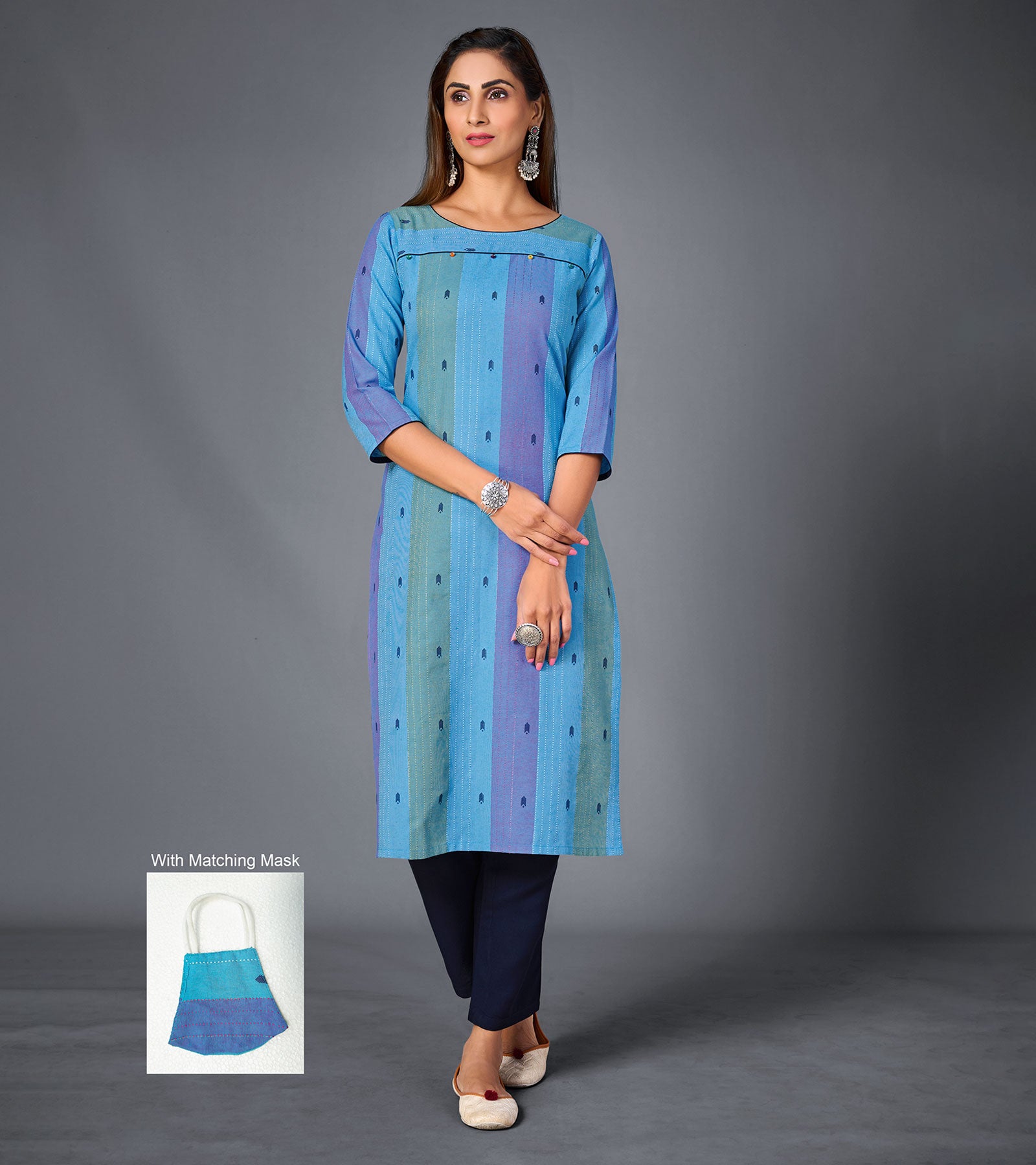 Laxmipati Pure Cotton Levendor Blue Straight Cut Kurti With Mask