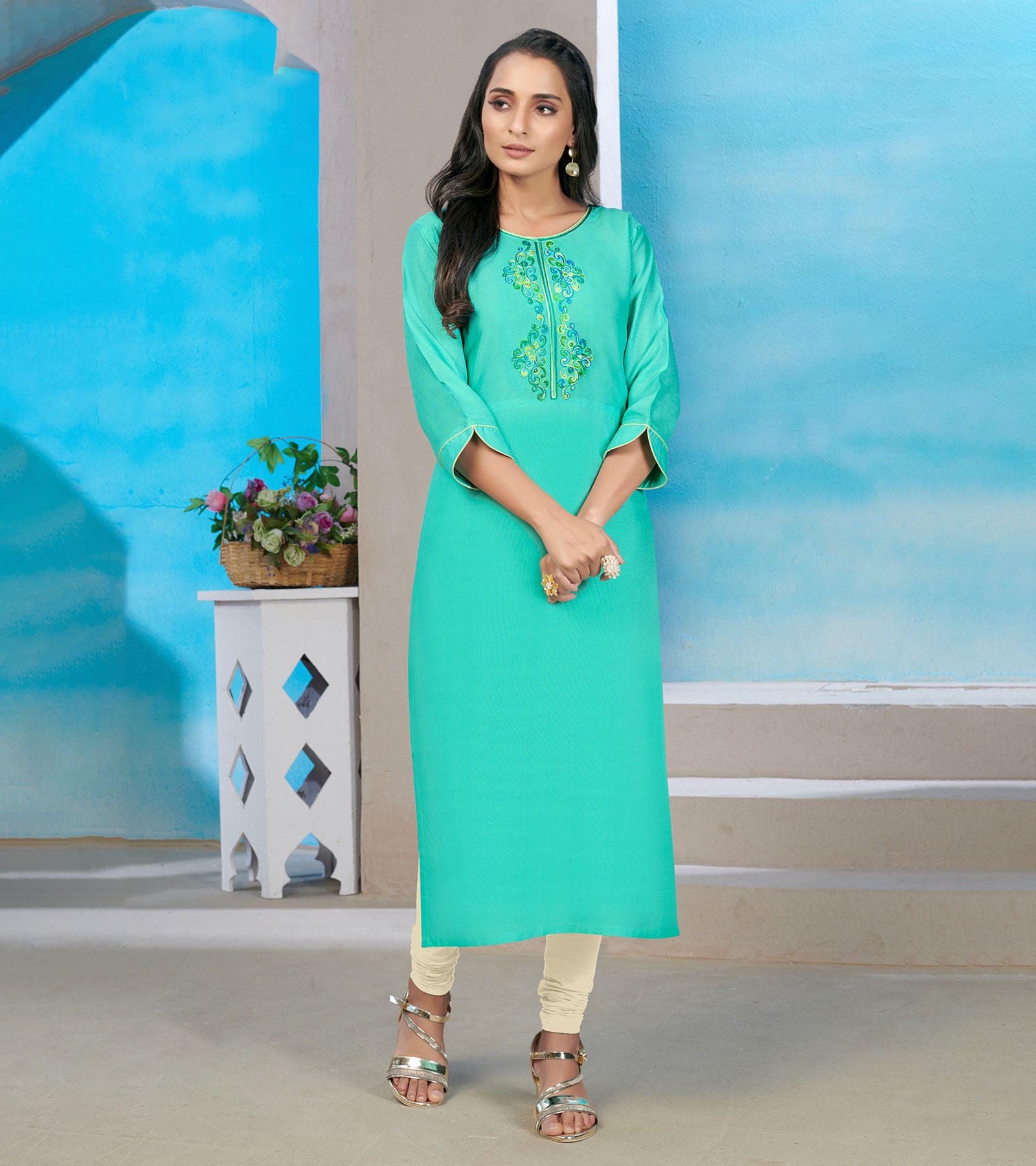 Laxmipati Rayon Cyan Blue Straight Cut Kurti
