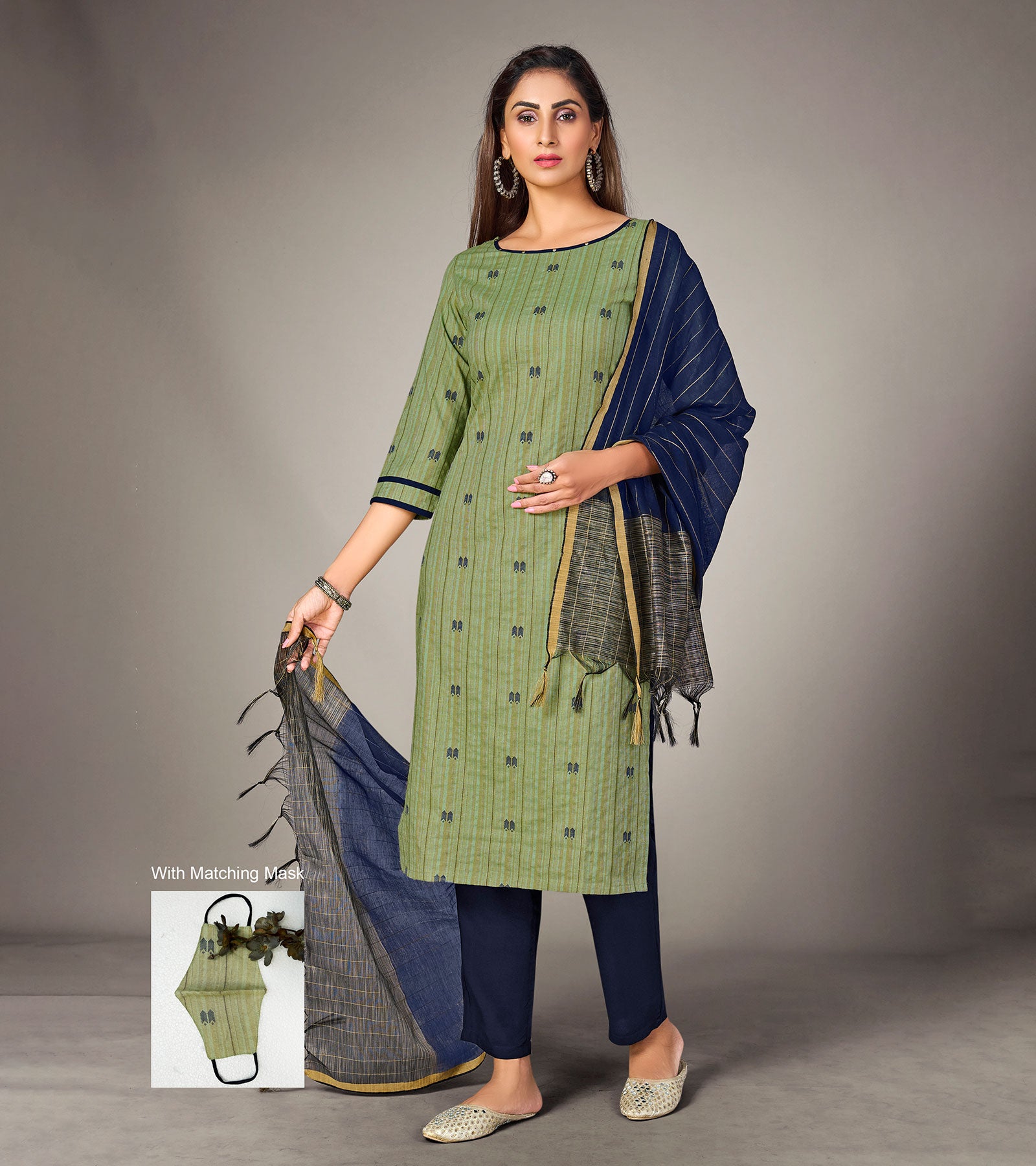 Laxmipati Pure Cotton Leaf Green Contract Dobby Designs With Duppata & Pant