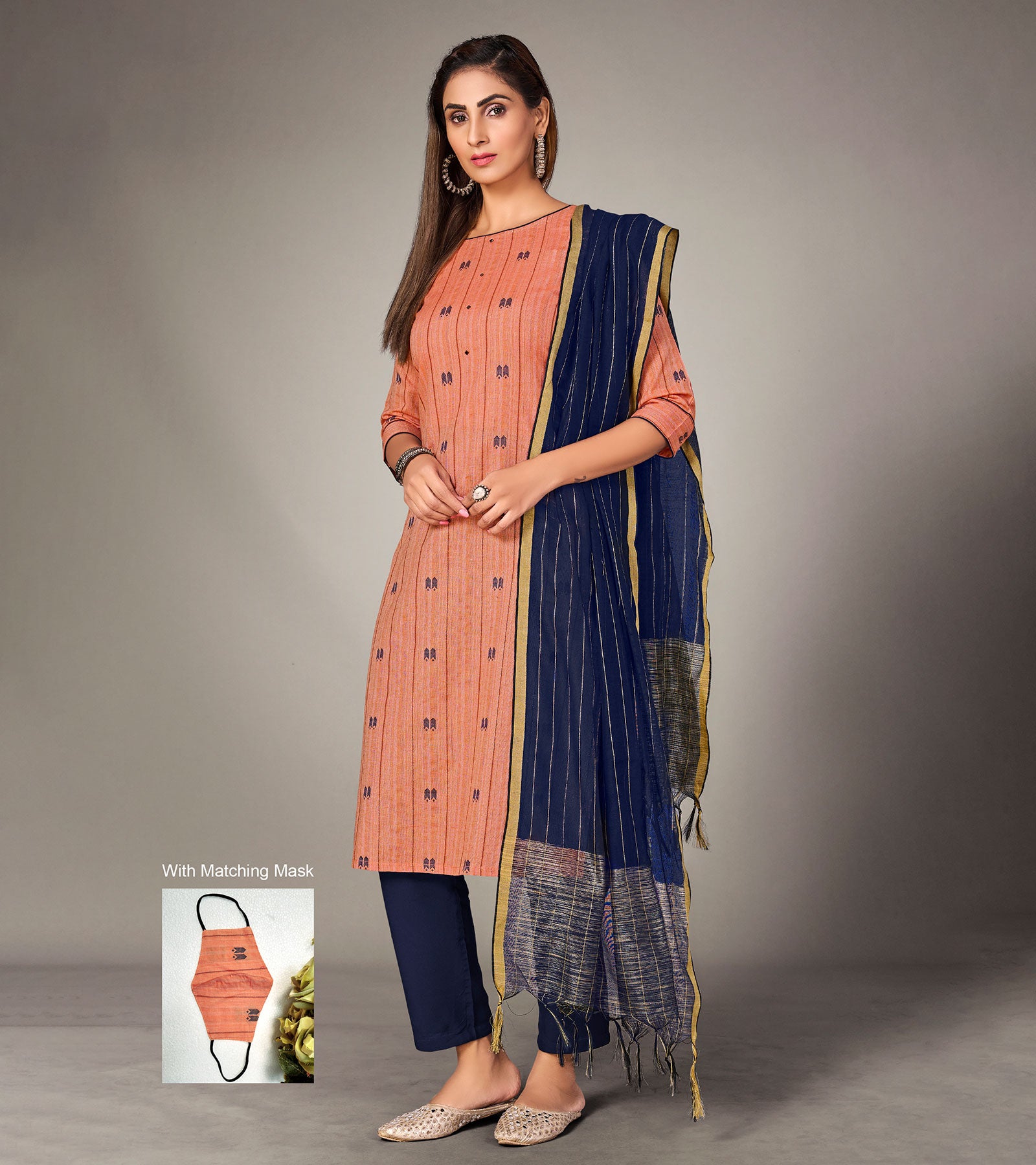 Laxmipati Pure Cotton Carrot Orange Contract Dobby Designs With Duppata & Pant
