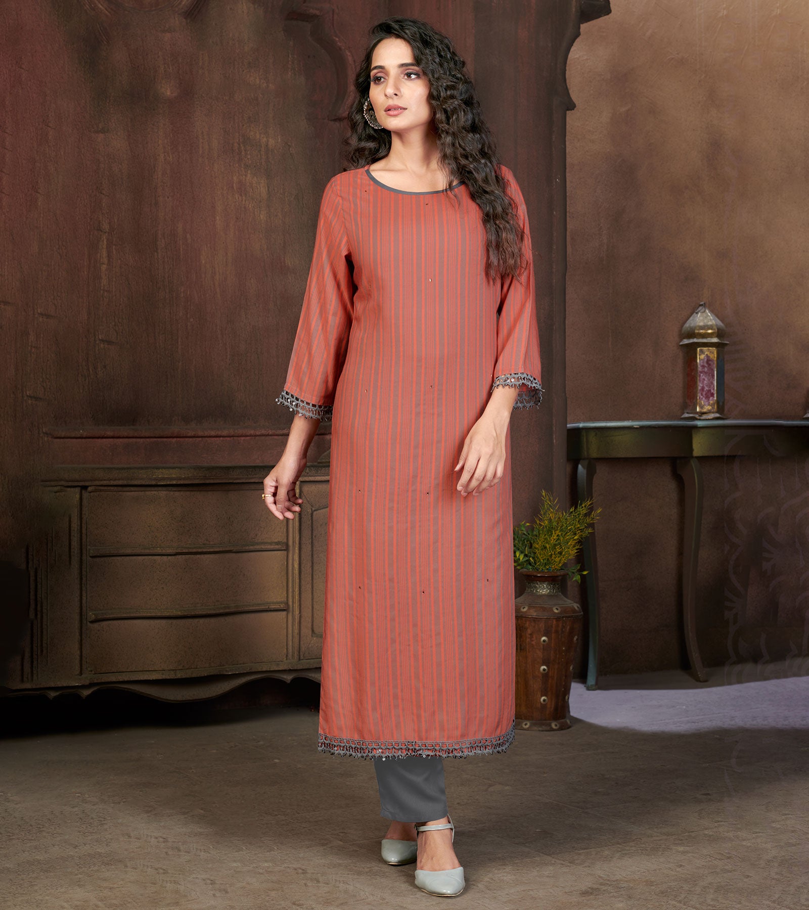 Laxmipati Visco Cotton, Sustainable Eco Friendly Rust With Grey Straight Cut Kurti With Mask