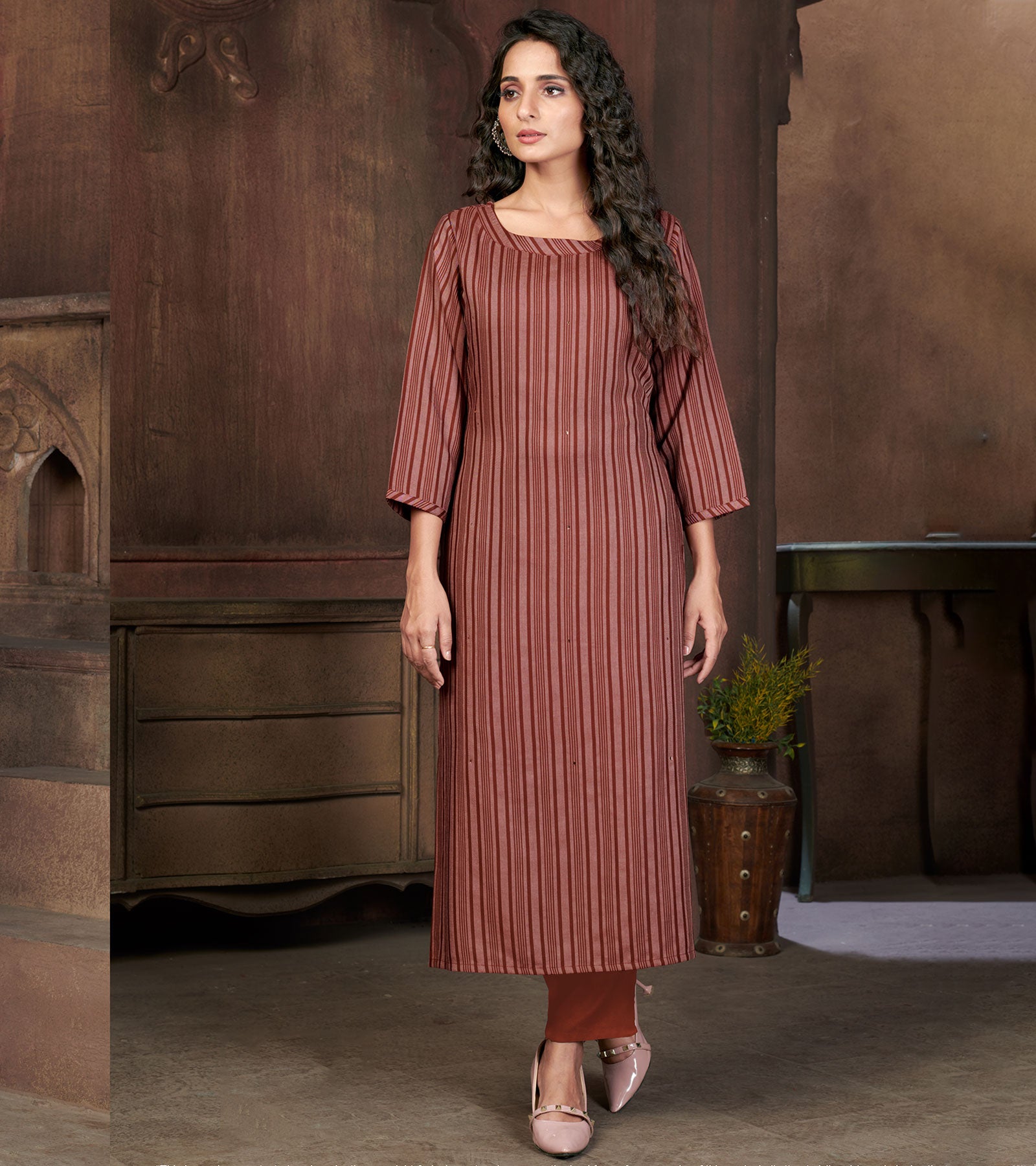 Laxmipati Visco Cotton, Sustainable Eco Friendly Wet Brown With Dry Brown Straight Cut Kurti With Mask