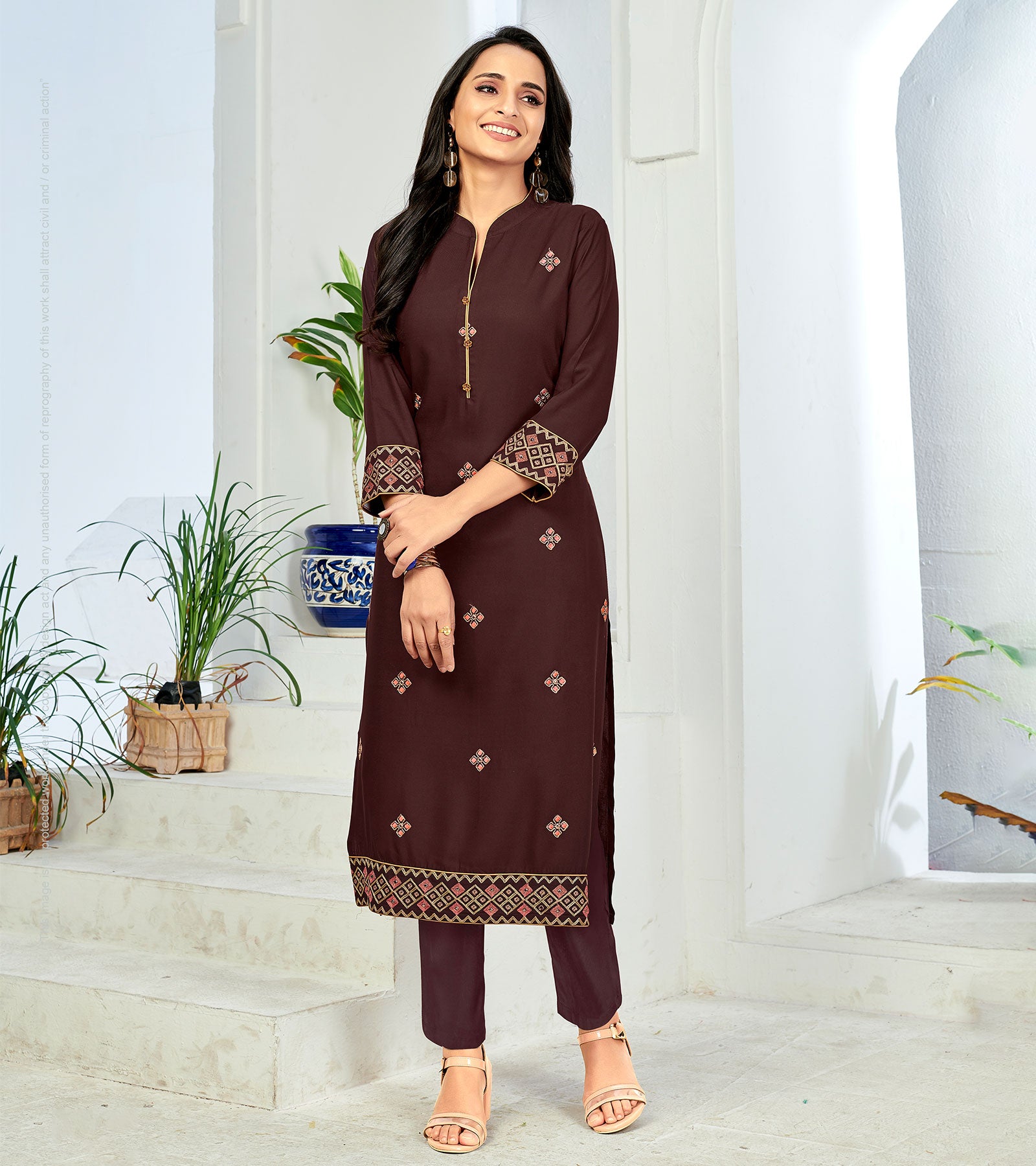 Laxmipati Rayon Earthy Brown Straight Cut Kurti With Pant