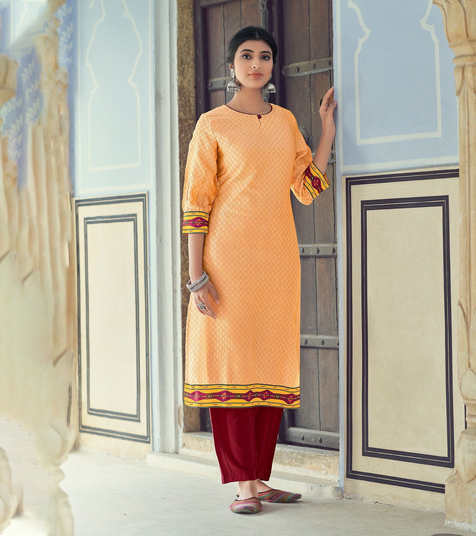 Laxmipati Nylon Viscose Dobby Burnt Orange Straight Cut Kurti