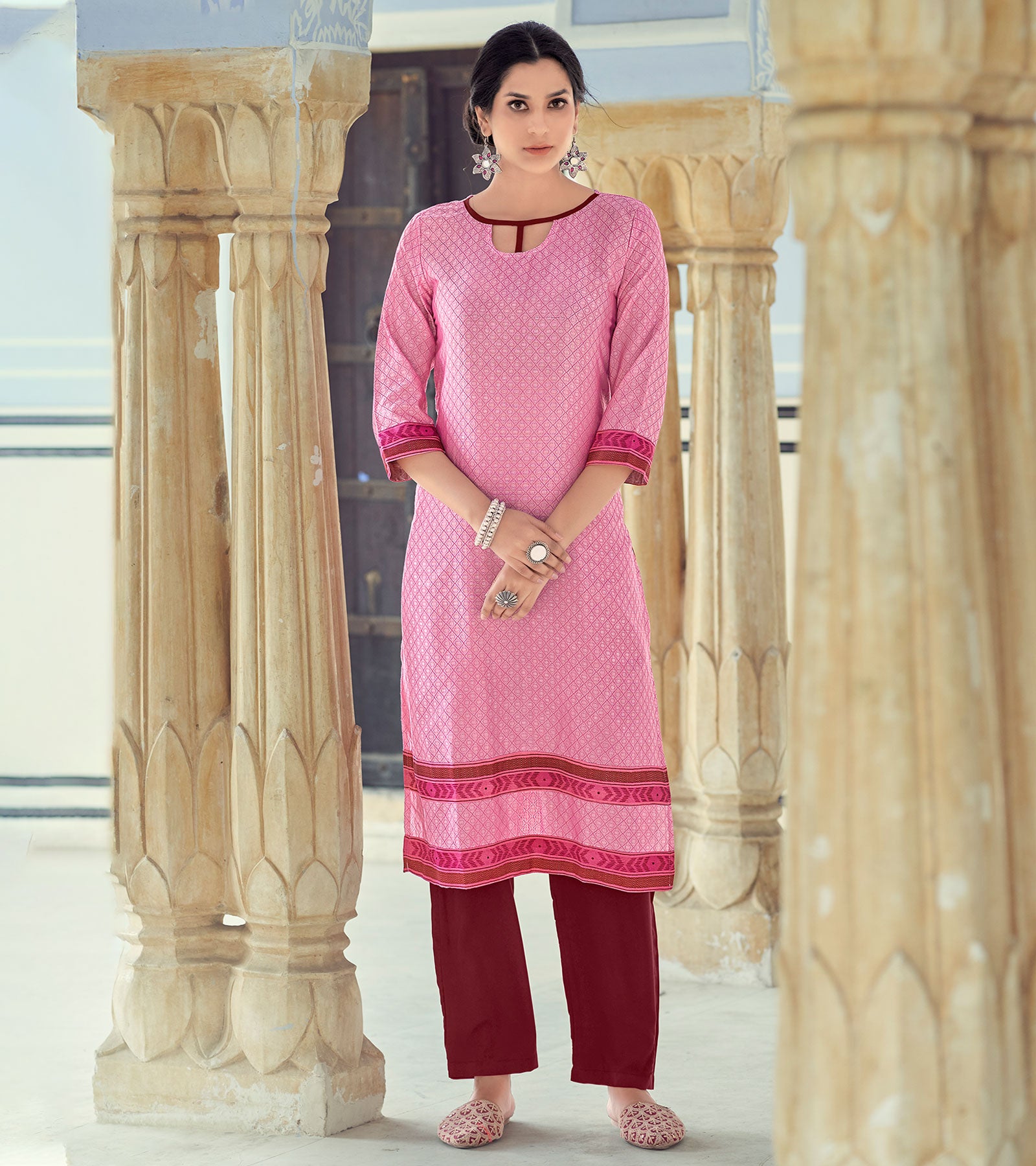 Laxmipati Nylon Viscose Dobby Pink Straight Cut Kurti