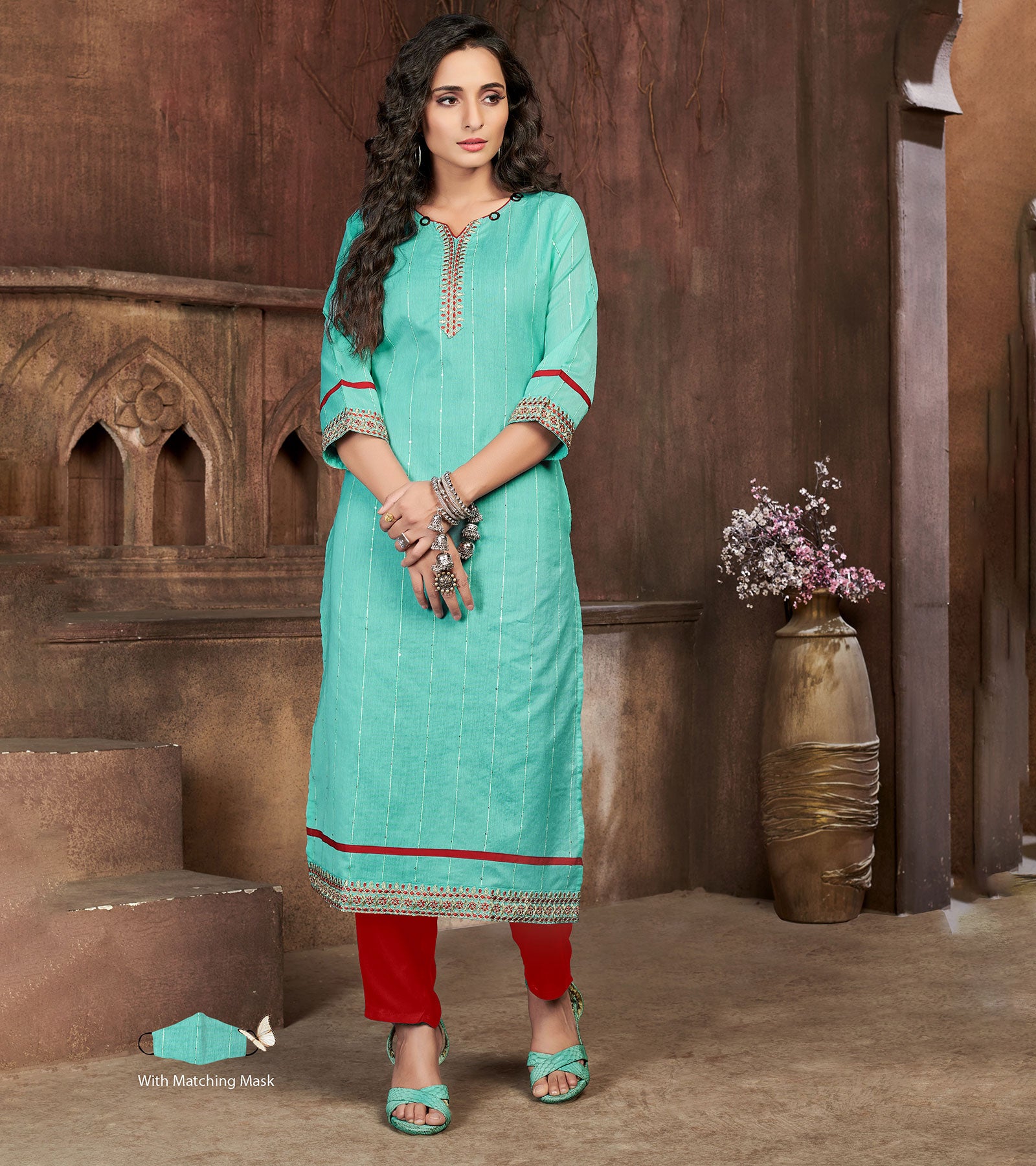 Laxmipati Chanderi Cotton Blue Pistachio Straight Cut Kurti With Mask