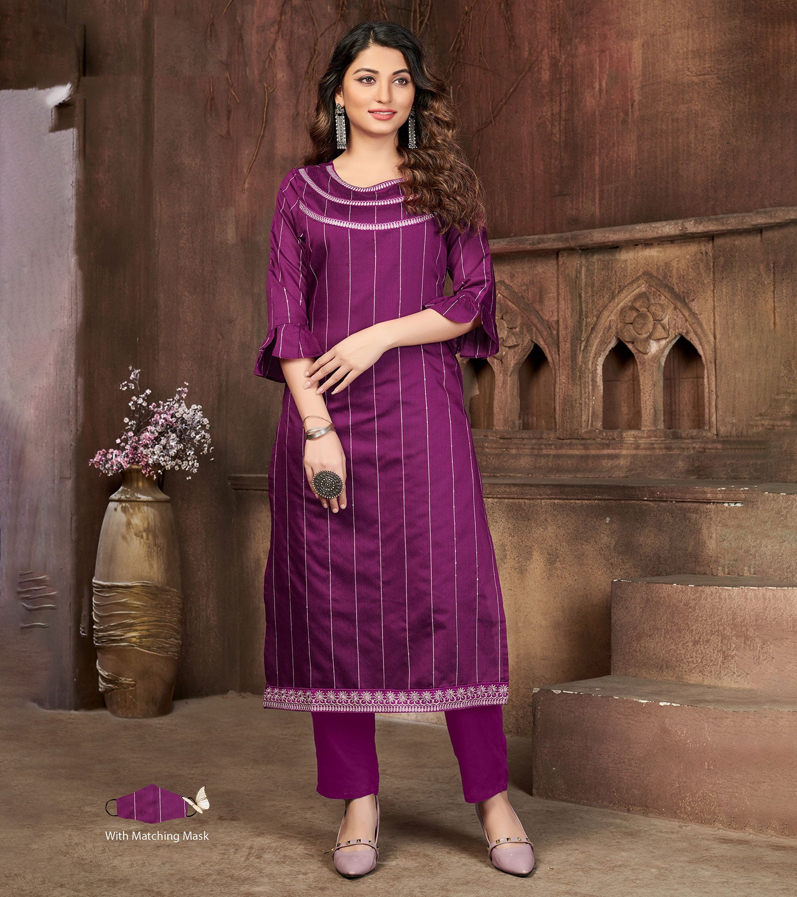Laxmipati Chanderi Cotton Whipped Violate Straight Cut Kurti With Mask