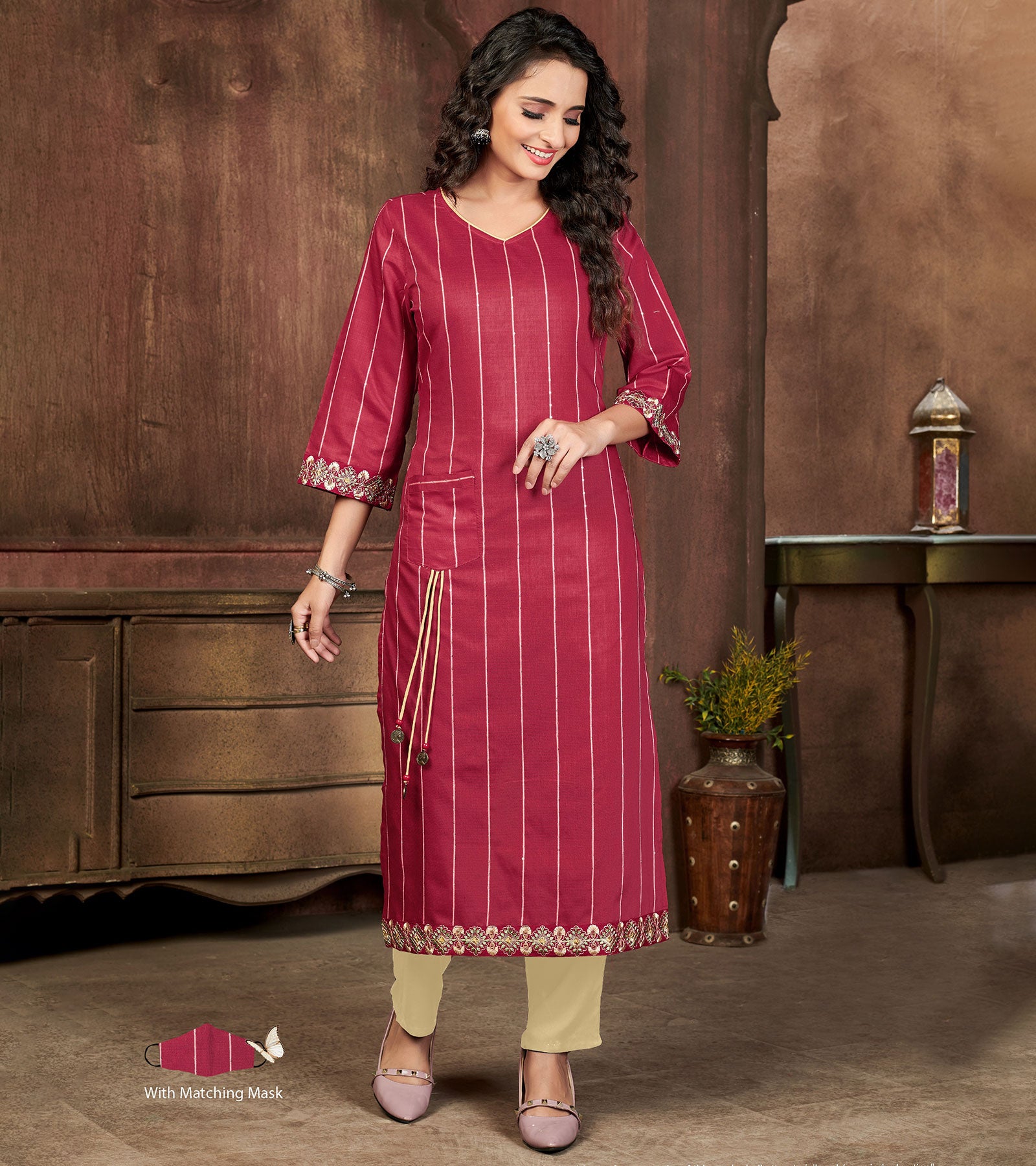 Laxmipati Chanderi Cotton Rapunzal Red Straight Cut Kurti With Mask