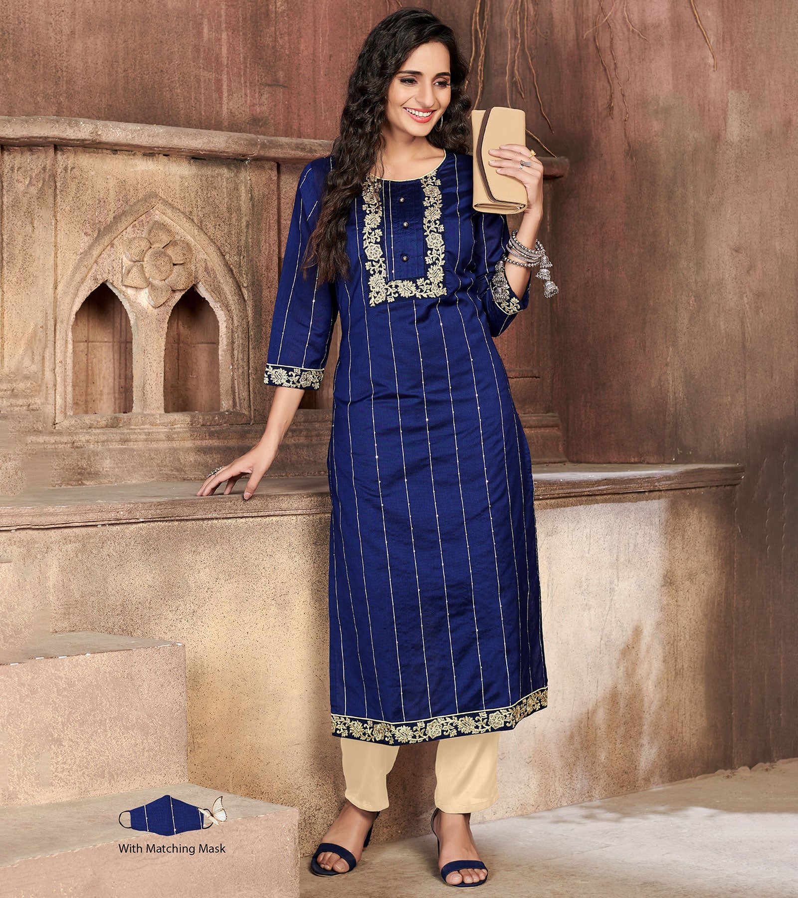 Laxmipati Chanderi Cotton Royal Blue Straight Cut Kurti With Mask