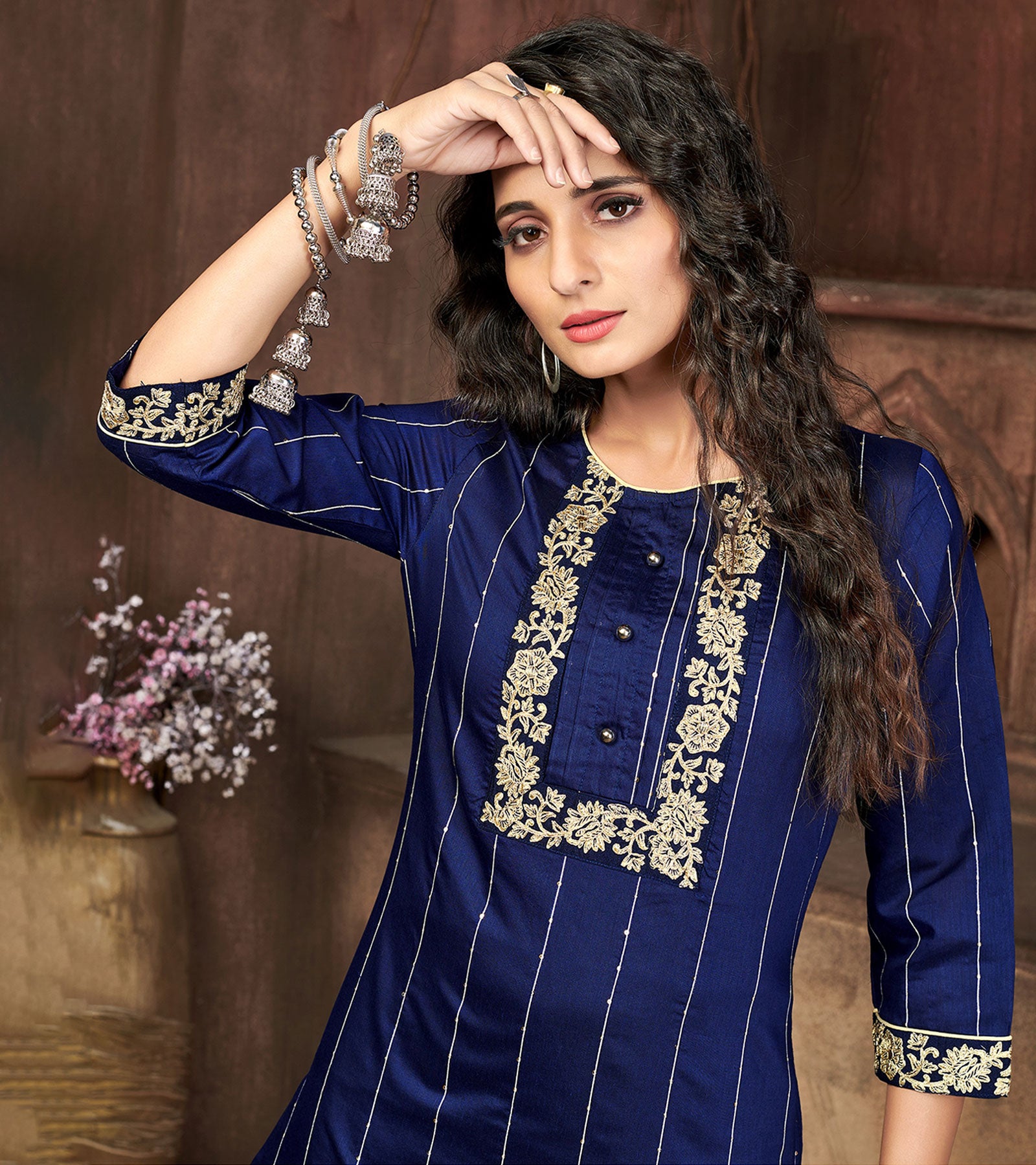 Laxmipati Chanderi Cotton Royal Blue Straight Cut Kurti With Mask