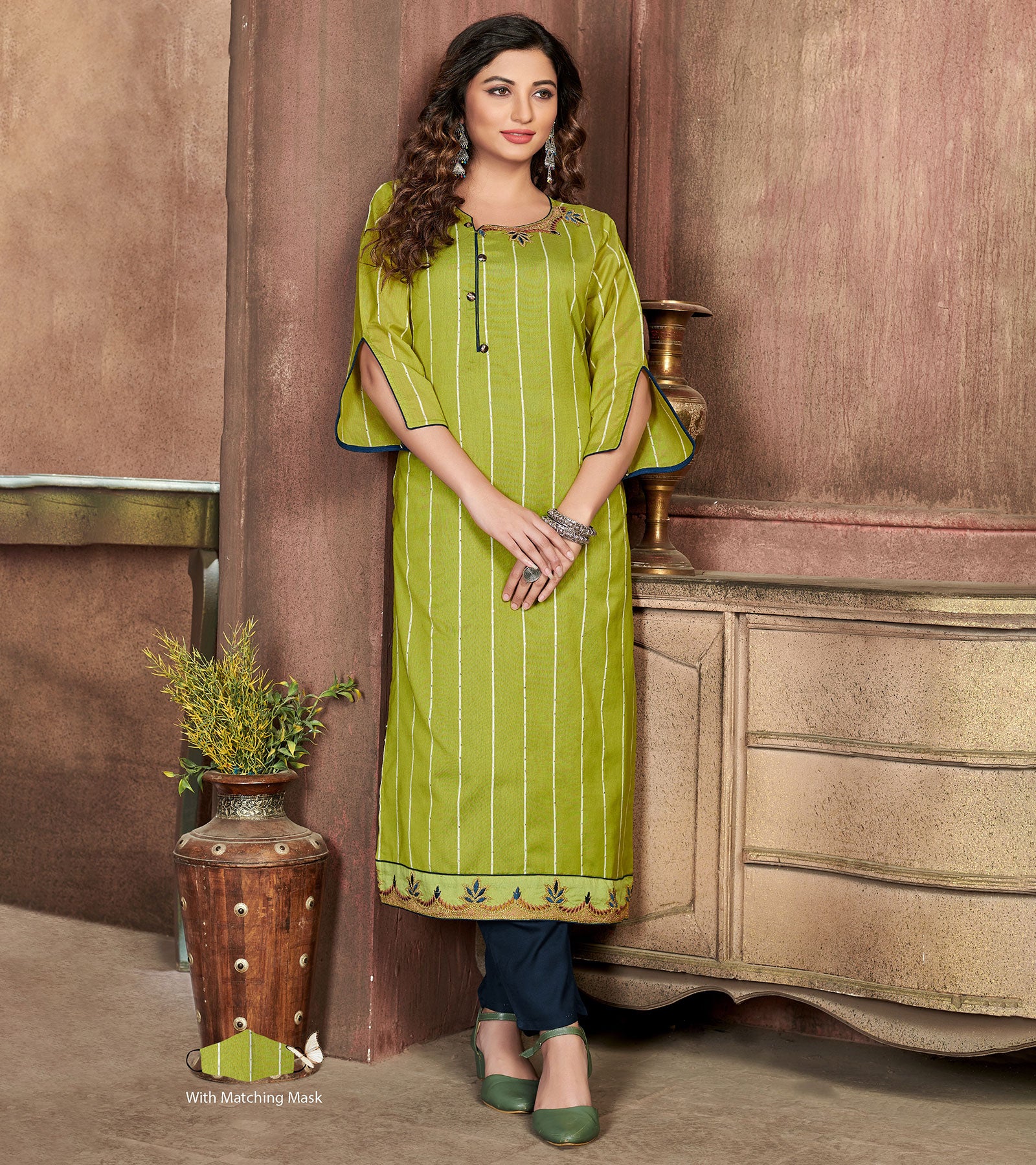 Laxmipati Chanderi Cotton Lime Green Straight Cut Kurti With Mask