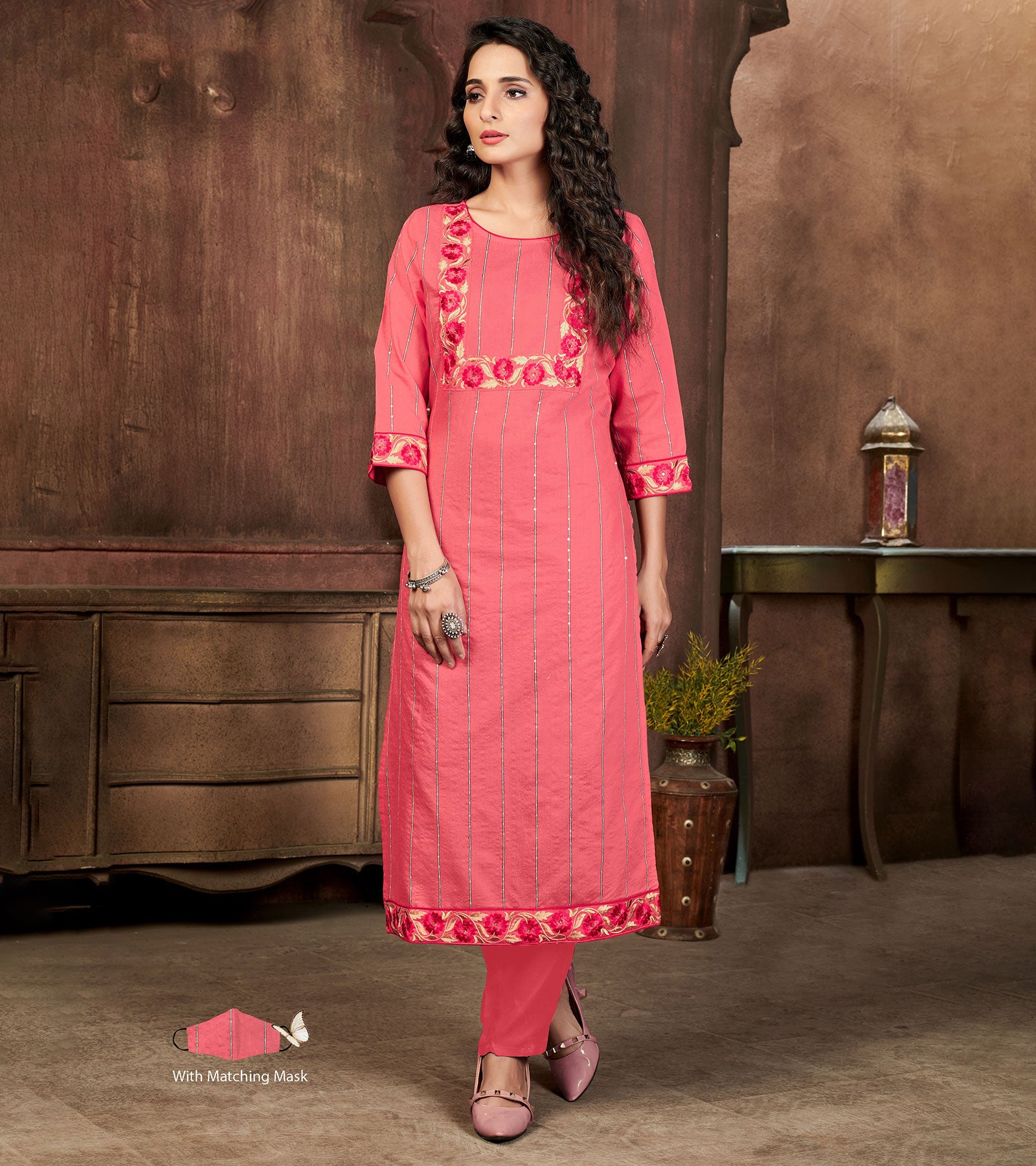 Laxmipati Chanderi Cotton Fresh Peach Straight Cut Kurti With Mask