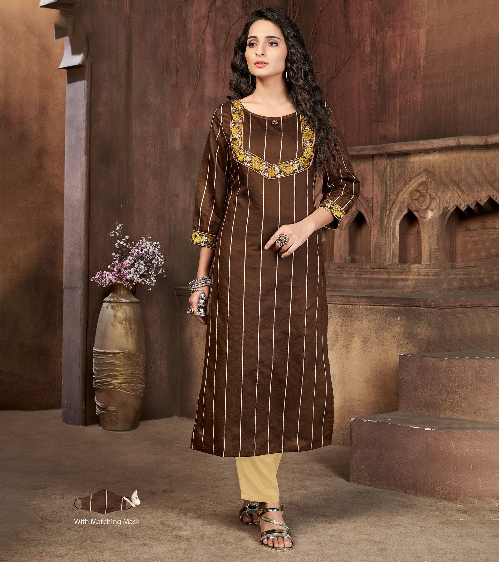 Laxmipati Chanderi Cotton Bright Brown Straight Cut Kurti With Mask