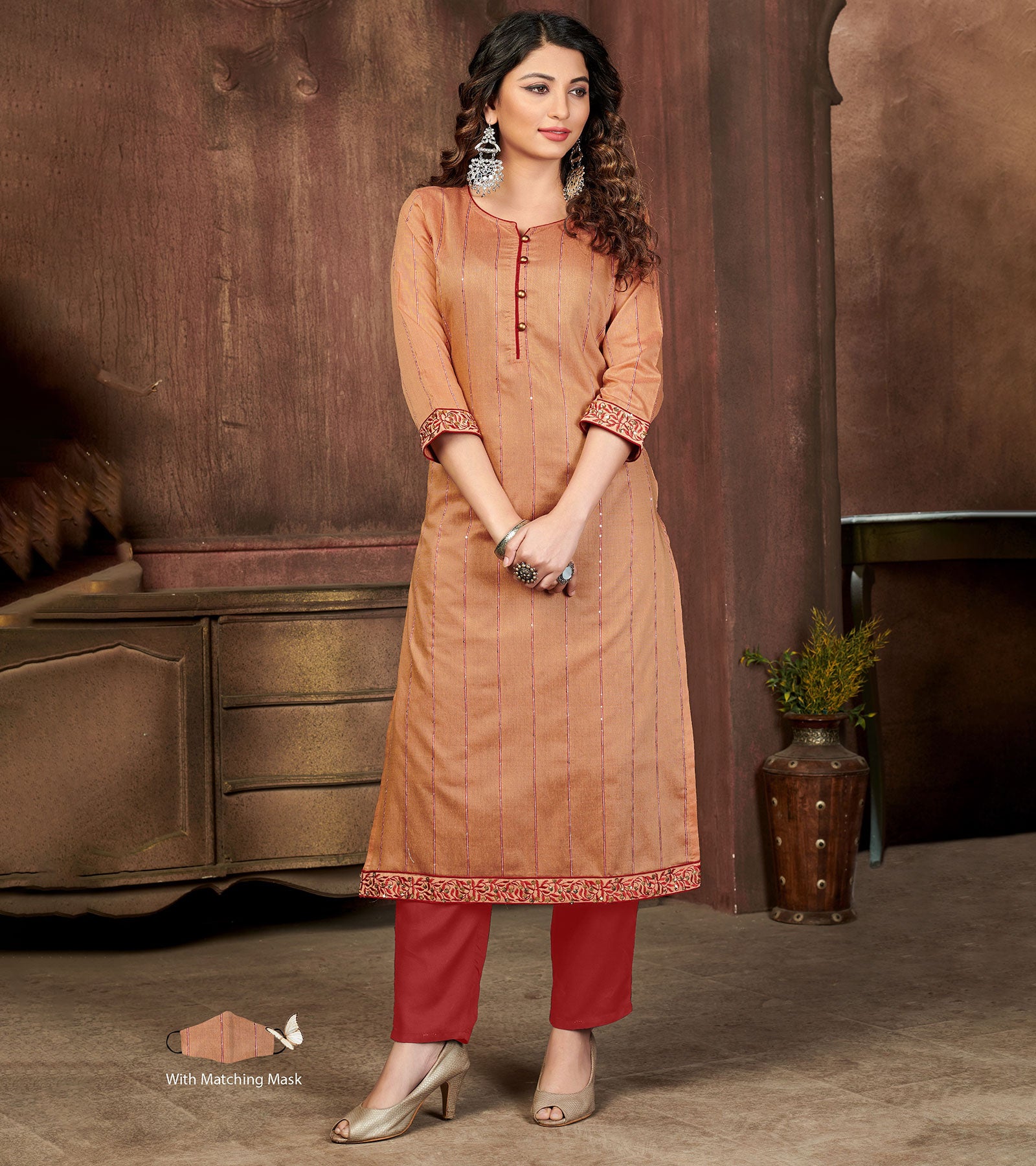 Laxmipati Chanderi Cotton Saddlle Beidge Straight Cut Kurti With Mask