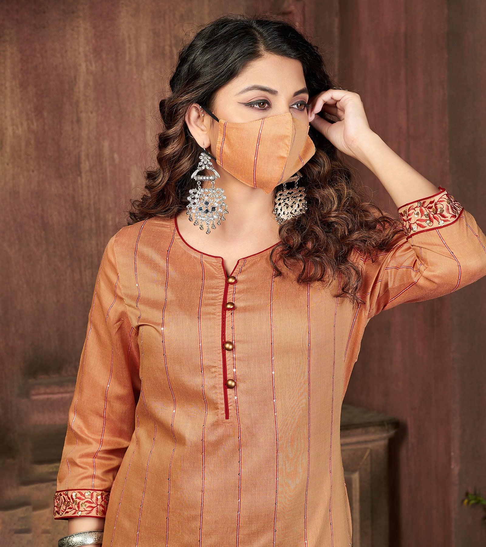 Laxmipati Chanderi Cotton Saddlle Beidge Straight Cut Kurti With Mask