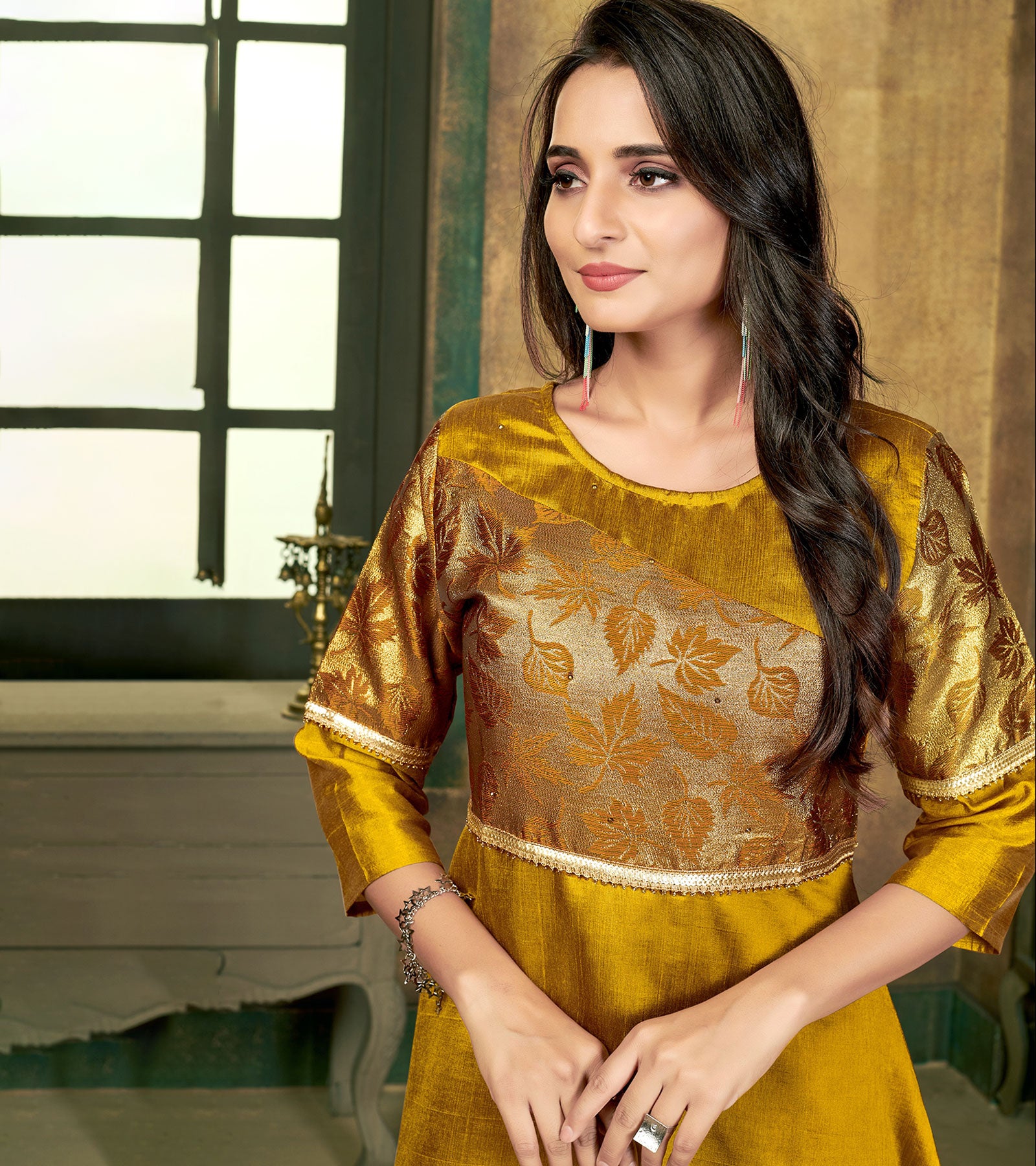 Laxmipati Sunny Silk With Brocade Festival Golden Flared Gown With Mask