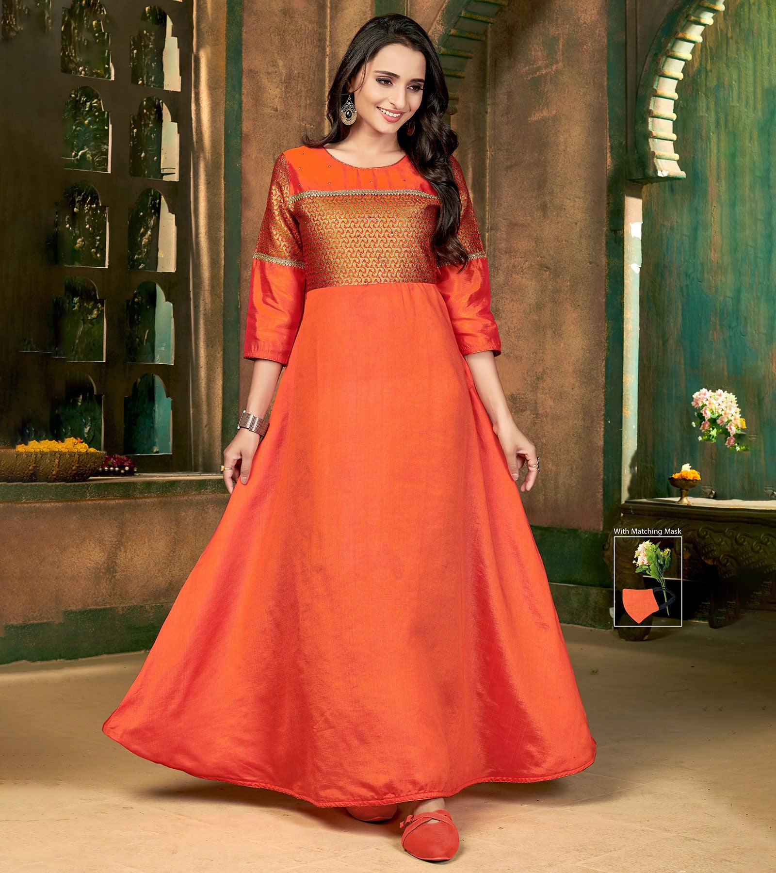 Laxmipati Sunny Silk With Brocade Flame Orange Flared Gown With Mask