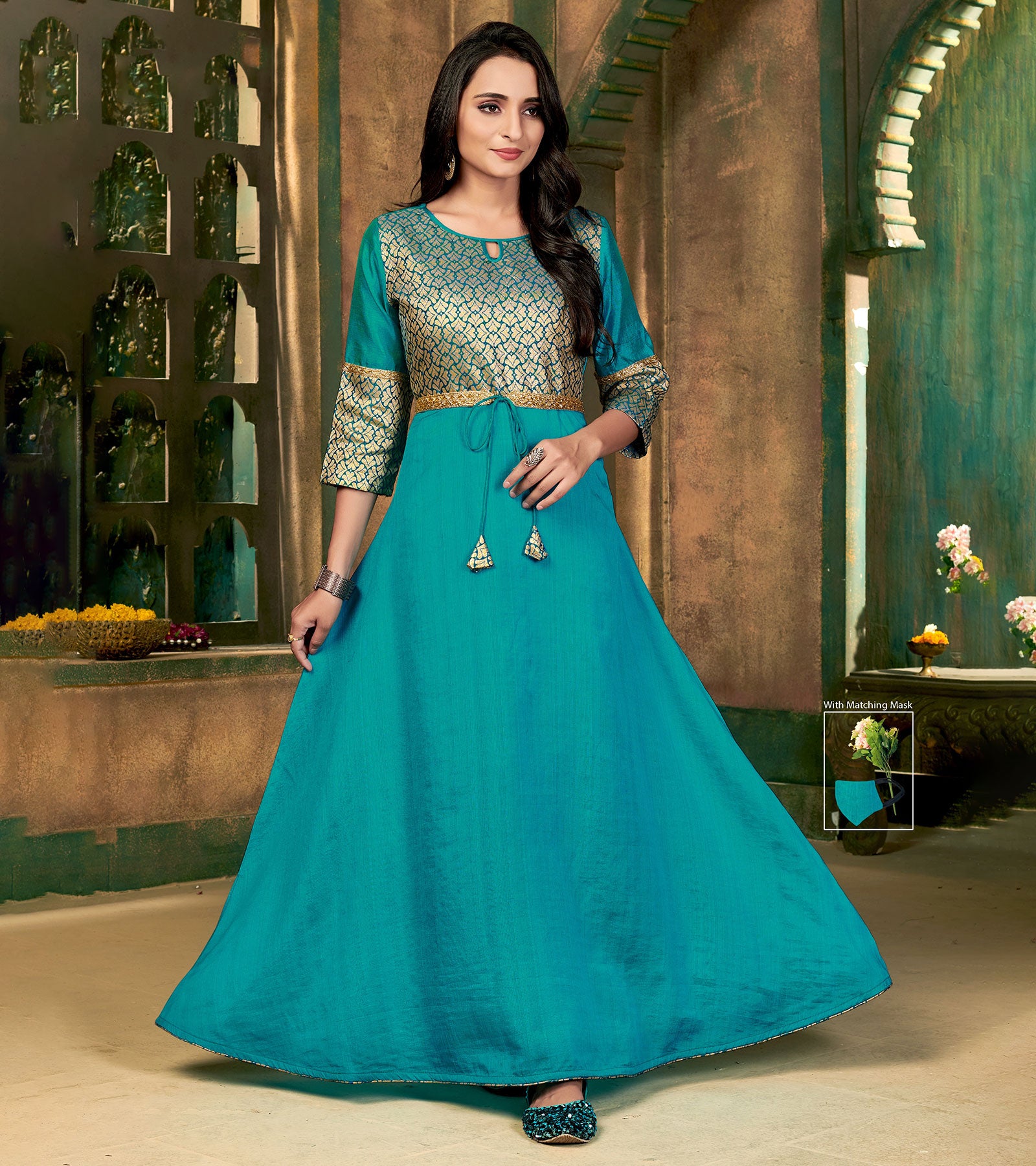 Laxmipati Sunny Silk With Brocade Rama Blue Flared Gown With Mask