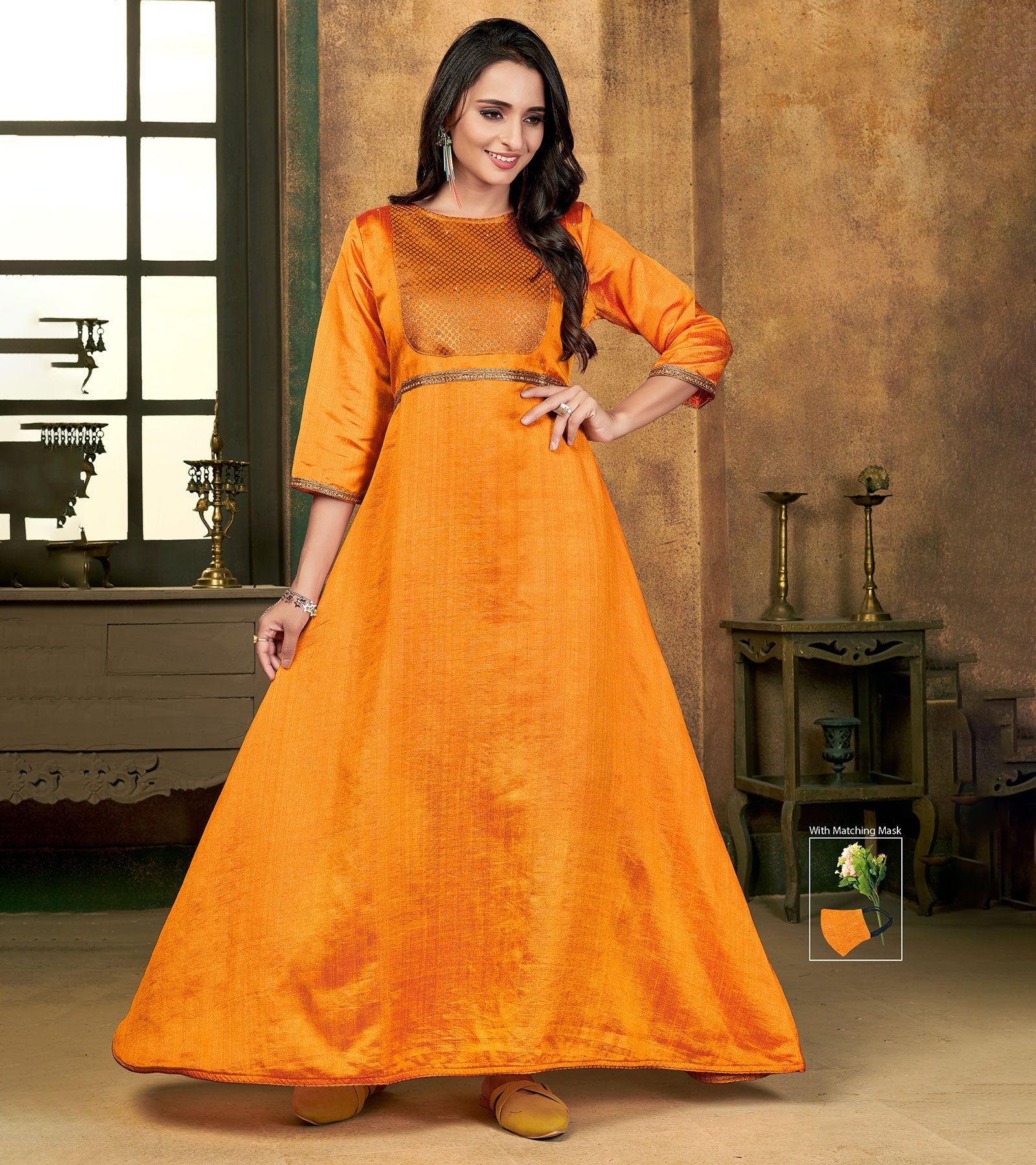 Laxmipati Sunny Silk With Brocade Haldi Gold Flared Gown With Mask