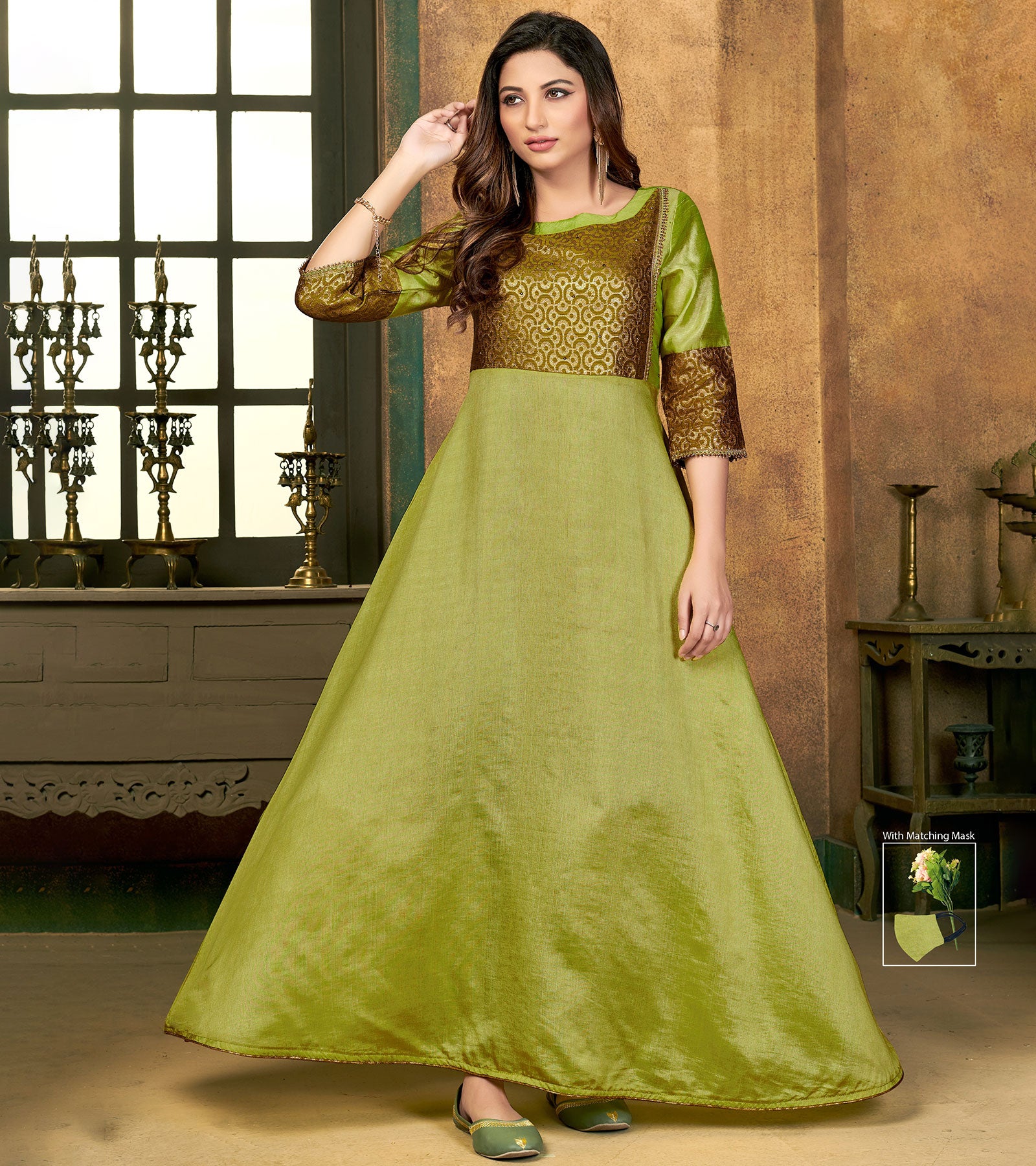 Laxmipati Sunny Silk With Brocade Parrot Green Flared Gown With Mask
